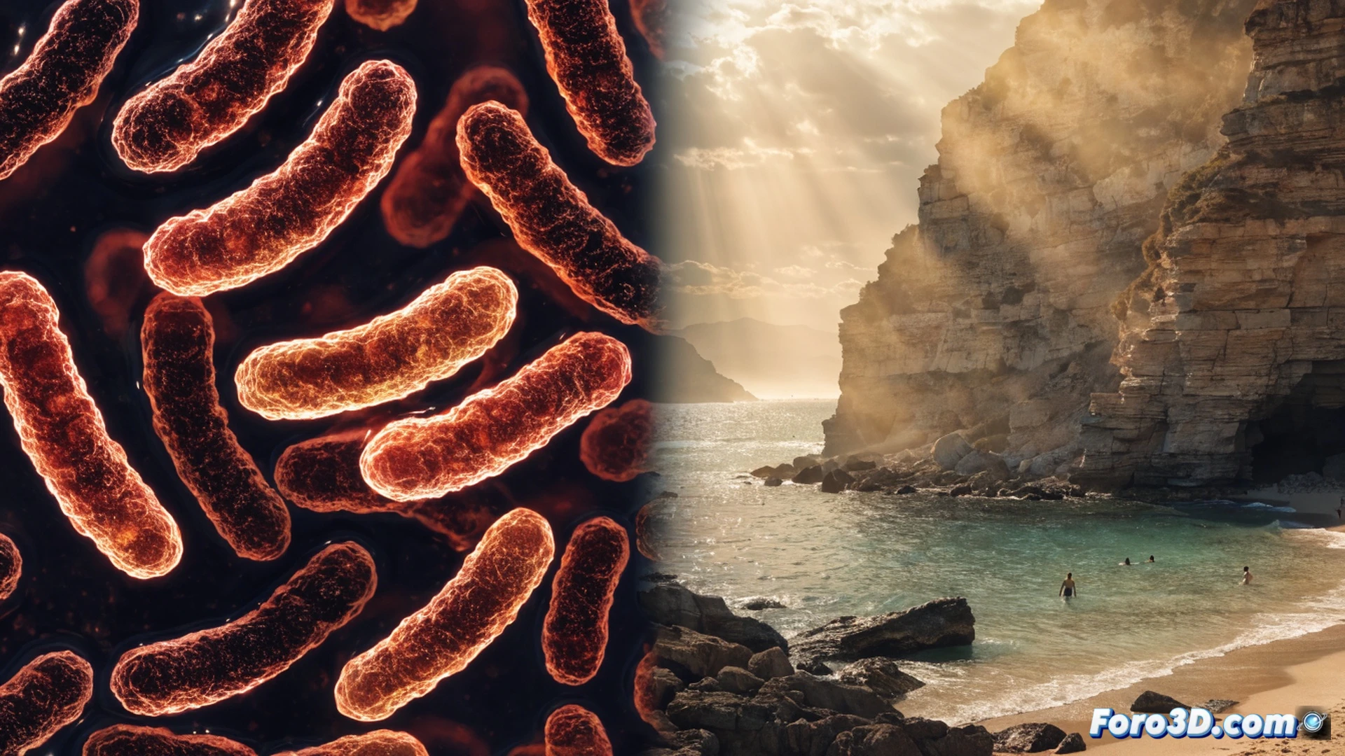 Marina bacterias Vibrio proliferando en agua costera cálida, nadador con herida abierta en brazo entrando al mar, bacteria microscópica brillante adhiriéndose a la herida durante la inmersión, plato de mariscos crudos contaminados sobre mesa de madera, termómetro digital mostrando temperatura elevada del agua, estilo cinematográfico fotorrealista, iluminación natural costera contrastada con resplandor biológico azul-verdoso de colonias bacterianas, textura de agua turbia con partículas suspendidas, detalles hiperrealistas de piel y tejido expuesto, advertencia visual dramática sin texto.