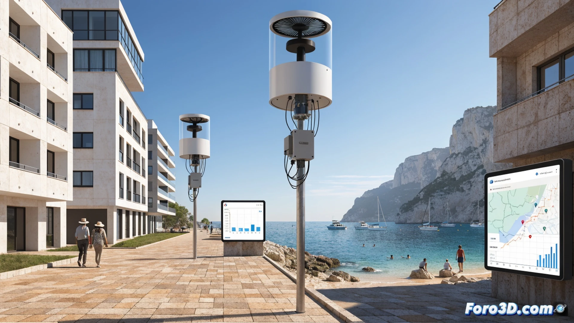 Estación meteorológica urbana instalada en azotea de edificio costero, sensores capturando partículas de dióxido de nitrógeno y ozono en tiempo real, antena emitiendo señal hacia plataforma Smart City con dashboard digital mostrando gráficos de calidad del aire, fondo de playa y calles de Calp con turistas consultando pantalla pública interactiva, ilustración técnica fotorrealista, luz mediterránea intensa, componentes electrónicos detallados, visualización de datos en tiempo real, estilo cinematic engineering render