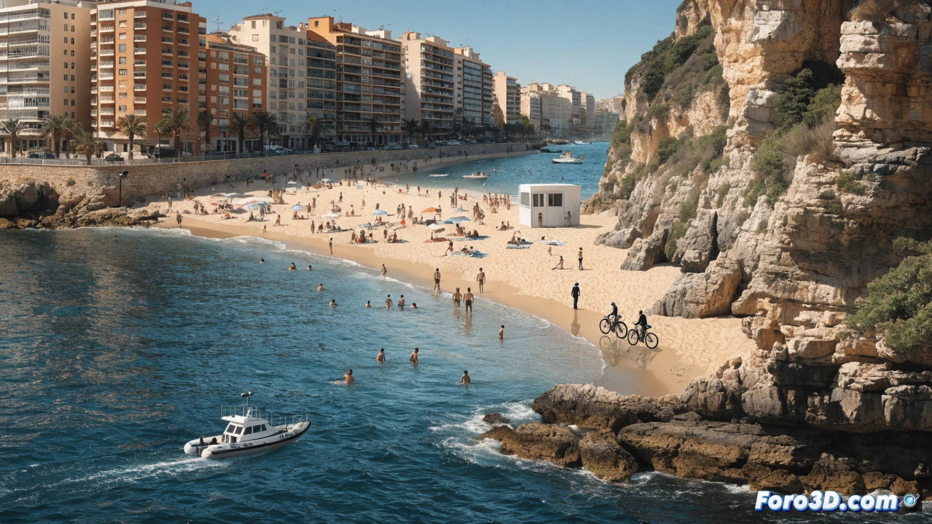 Calp beach patrol scene at sunset, police officer on bicycle riding along crowded shoreline, inflatable rescue boat with outboard motor being launched from sand, lifeguard tower in background with surveillance equipment, tourists filling umbrellas and towels, blue Mediterranean water with gentle waves, photorealistic cinematic lighting, high-angle shot showing dense beach crowd, police uniform details with reflective vest, radio communication device visible on officer belt, ultra-wide angle perspective, dramatic golden hour shadows, technical illustration style for safety deployment visualization