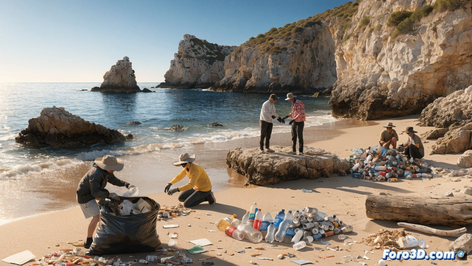 volunteers in bright vests collecting trash from a rocky cove shoreline, one person holds a transparent bag filled with cigarette butts and plastic bottles, another uses a grabber tool to pick up a crushed soda can from between rocks, calm turquoise water and small waves in background, bright midday sun casting sharp shadows on sand and pebbles, photorealistic environmental documentary style, high detail on litter textures and clothing folds, natural coastal lighting, wide-angle lens showing both action and landscape, no text or numbers visible