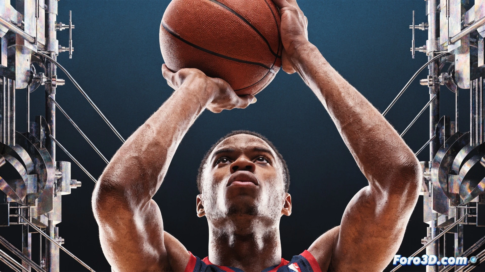 Cam Thomas isolation play in Brooklyn Nets offense, triple-threat stance with ball at waist level, defender on heels sliding backward, footwork sequence showing step-back creation space, hardwood court perspective from baseline, technical breakdown with glowing trajectory lines tracing shooting pocket to release point, basketball rotating with visible seams, net cords snapping on simulated make, photorealistic sports biomechanics visualization, dramatic arena lighting, muscle definition visible through jersey, motion blur on crossover dribble, engineering-style annotation lines for joint angles and release height, cinematic technical render