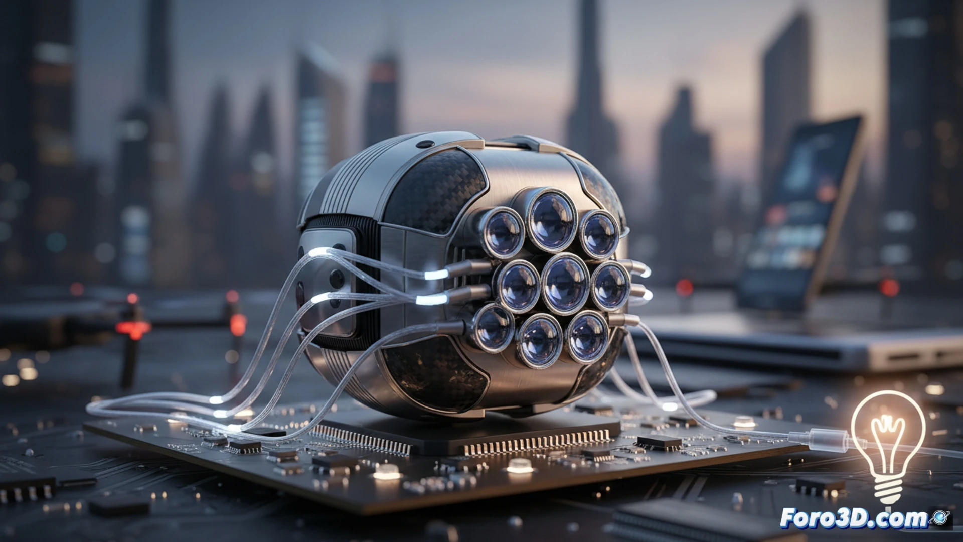 Miniature spider-inspired 3D camera system in a laboratory, an array of tiny lenses capturing depth data from a jumping spider model, circuit board glowing with low-power LED indicators, energy consumption meter showing 1.2 watts, while a smartphone and drone prototype in background demonstrate battery-saving potential, cinematic engineering visualization, photorealistic materials, blue and amber diagnostic lighting, precise optical components, macro detail on lens surfaces, clean white lab bench, technical illustration style