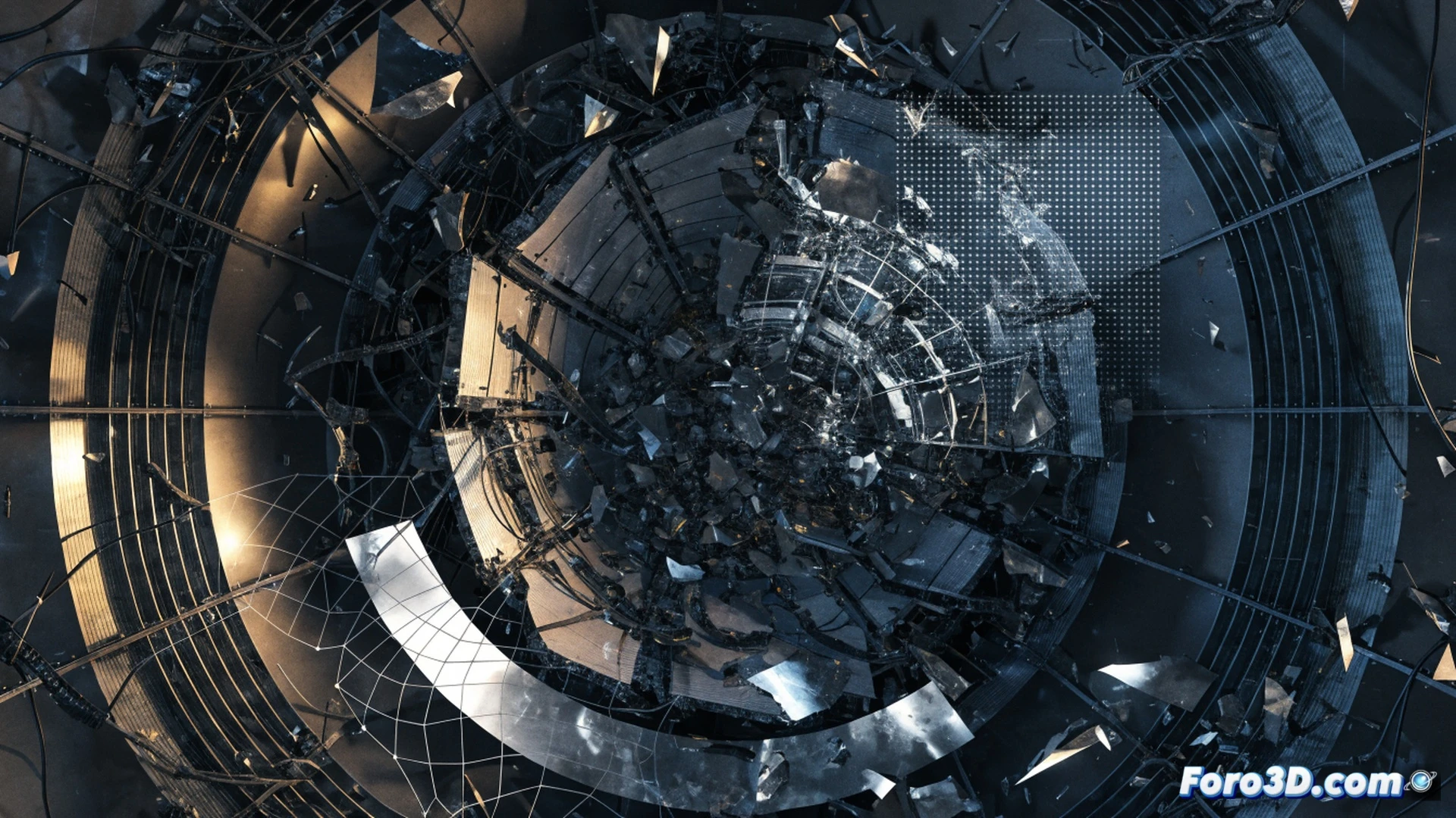 Photorealistic engineering visualization of a structural failure event inside a cyclic altitude test chamber, honeycomb sandwich panel undergoing explosive decompression collapse, metallic fragments bursting outward from the panel core while high-speed pressure gauges and digital sensors monitor the rupture, fractured carbon fiber layers peeling apart mid-action, debris cloud frozen in time with glowing trajectory lines, advanced simulation software interface visible on a nearby workstation showing real-time stress analysis, dramatic industrial lighting with sharp shadows, ultra-detailed mechanical chamber walls with riveted joints and reinforced viewing ports, cinematic technical illustration style
