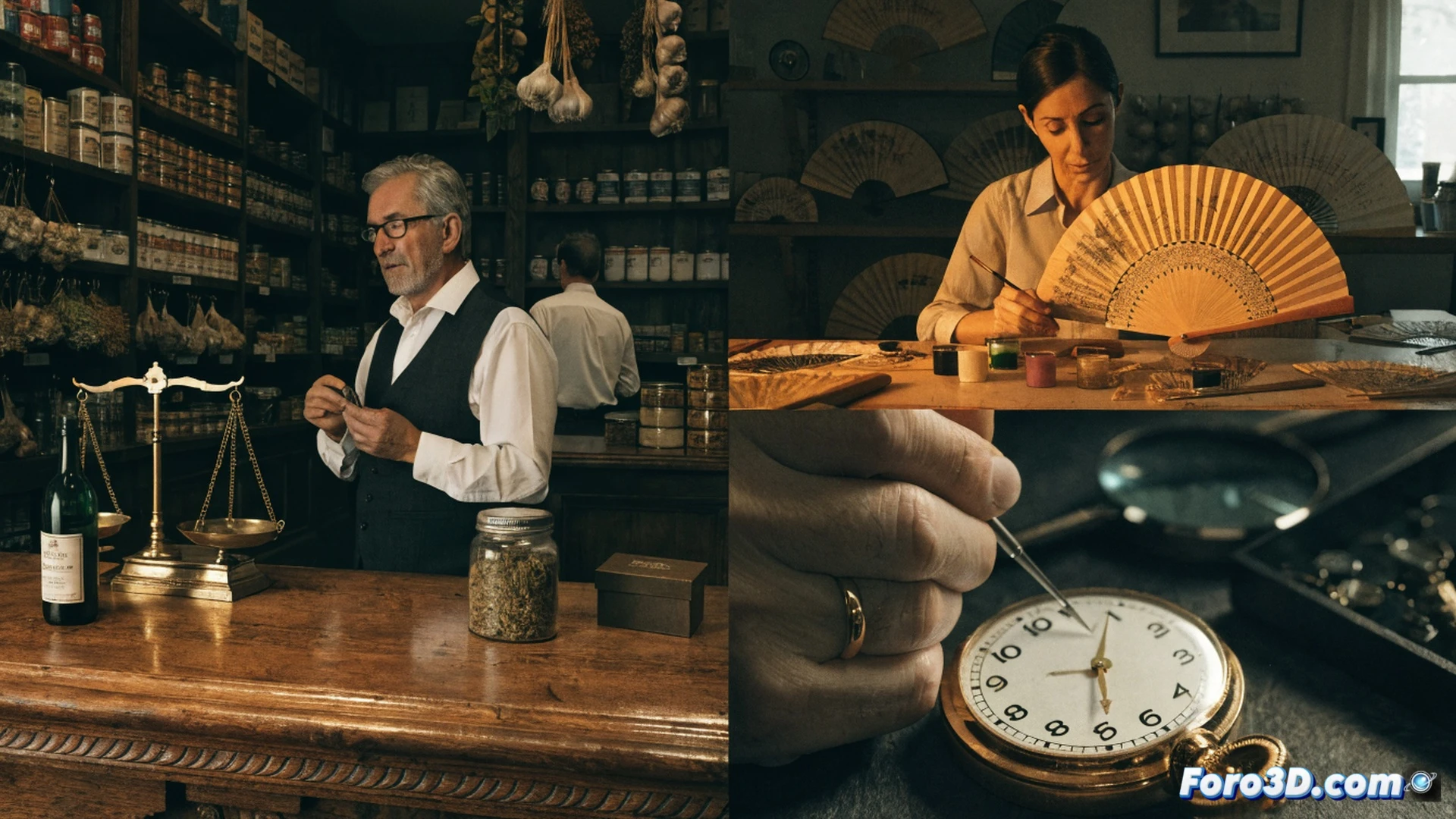 Small family-run shop interior during golden hour, elderly shopkeeper meticulously repairing a vintage pocket watch at a wooden counter, shelves stocked with century-old tins and handcrafted fans, sunlight casting long shadows across worn terrazzo floor, contrasting with a blurred reflection of a massive hypermarket facade in the window, cinematic photorealistic visualization, warm nostalgic lighting, detailed product textures, subtle dust particles floating in light beams, shallow depth of field emphasizing the repair action, technical illustration style with precise mechanical details