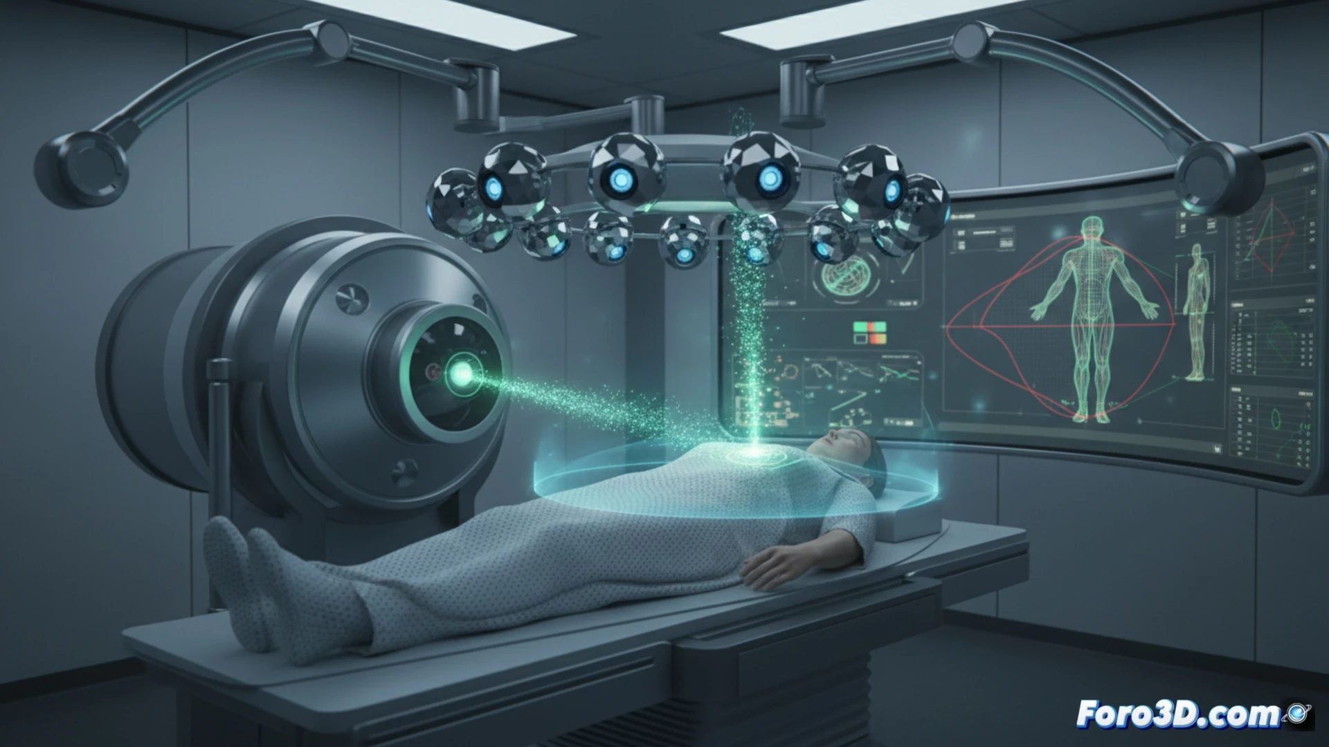photorealistic technical illustration of a radiotherapy treatment room, patient lying on a treatment table with a 3D camera system mounted on the ceiling tracking their breathing motion, multiple infrared dots projected onto the patient chest and abdomen, a linear accelerator positioned above with a rotating gantry, real-time body movement data displayed as translucent wireframe overlays on the patient silhouette, radiation beam dynamically adjusting its angle and intensity to follow the target area, medical team observing a monitor showing displacement graphs and beam correction vectors, soft blue ambient light from equipment panels, clean clinical environment, precise engineering visualization, sharp focus on the camera array and beam alignment mechanism