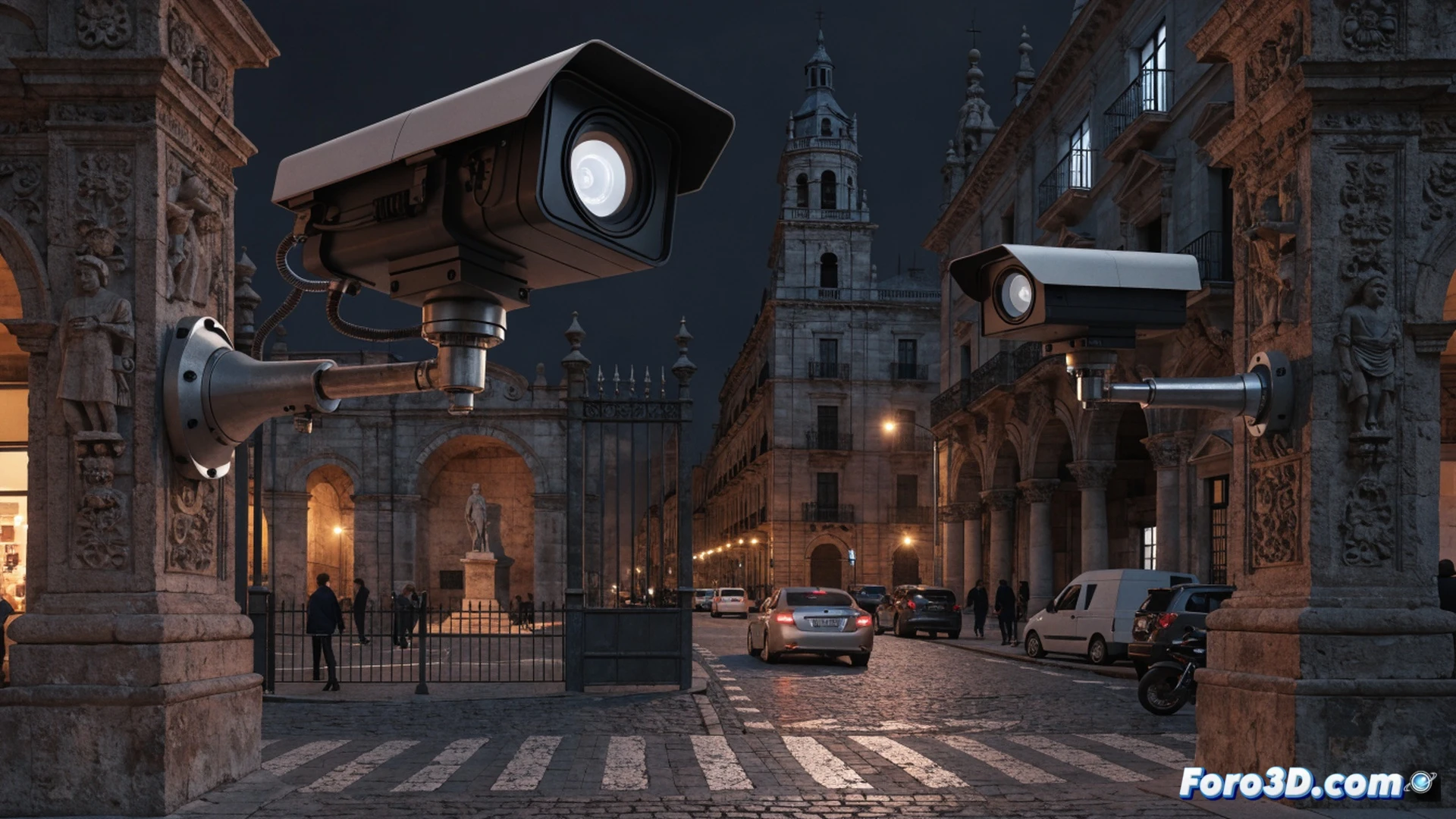 urban surveillance camera mounted on a metallic pole at Puerta Osario, red traffic restriction sign below, a car approaching the camera and being scanned by a beam of light, dashboard alert icon glowing red inside the vehicle, abandoned street with cobblestones, concrete bollards blocking the road ahead, wires and control box visible on the pole, cinematic photorealistic visualization, dramatic sunset lighting casting long shadows, dust particles in the air, high-contrast industrial atmosphere, technical surveillance equipment detail