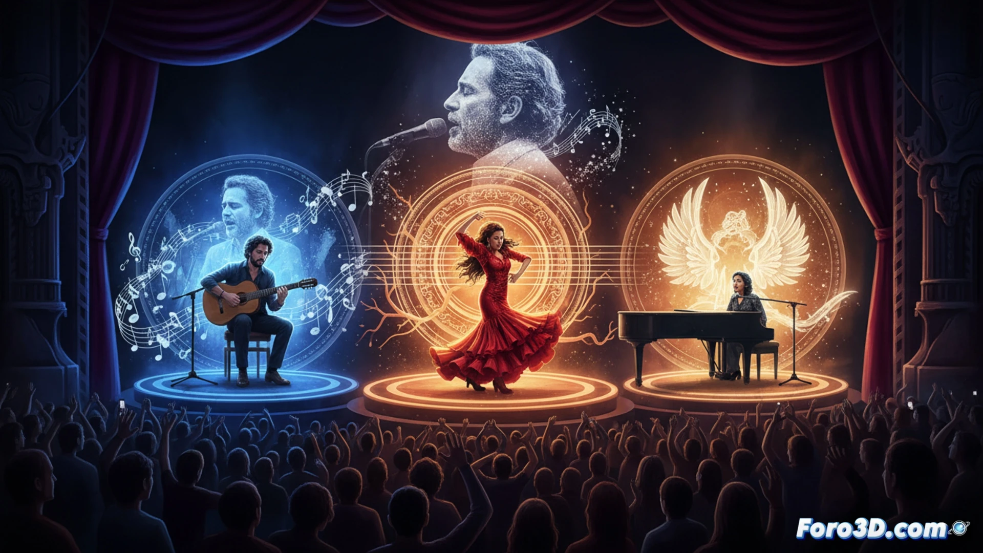 El escenario del Movistar Arena brilla con luces cálidas. Pablo Alborán, Rosario y Vanesa Martín cantan flamenco junto a una guitarra, ante 10.800 personas.