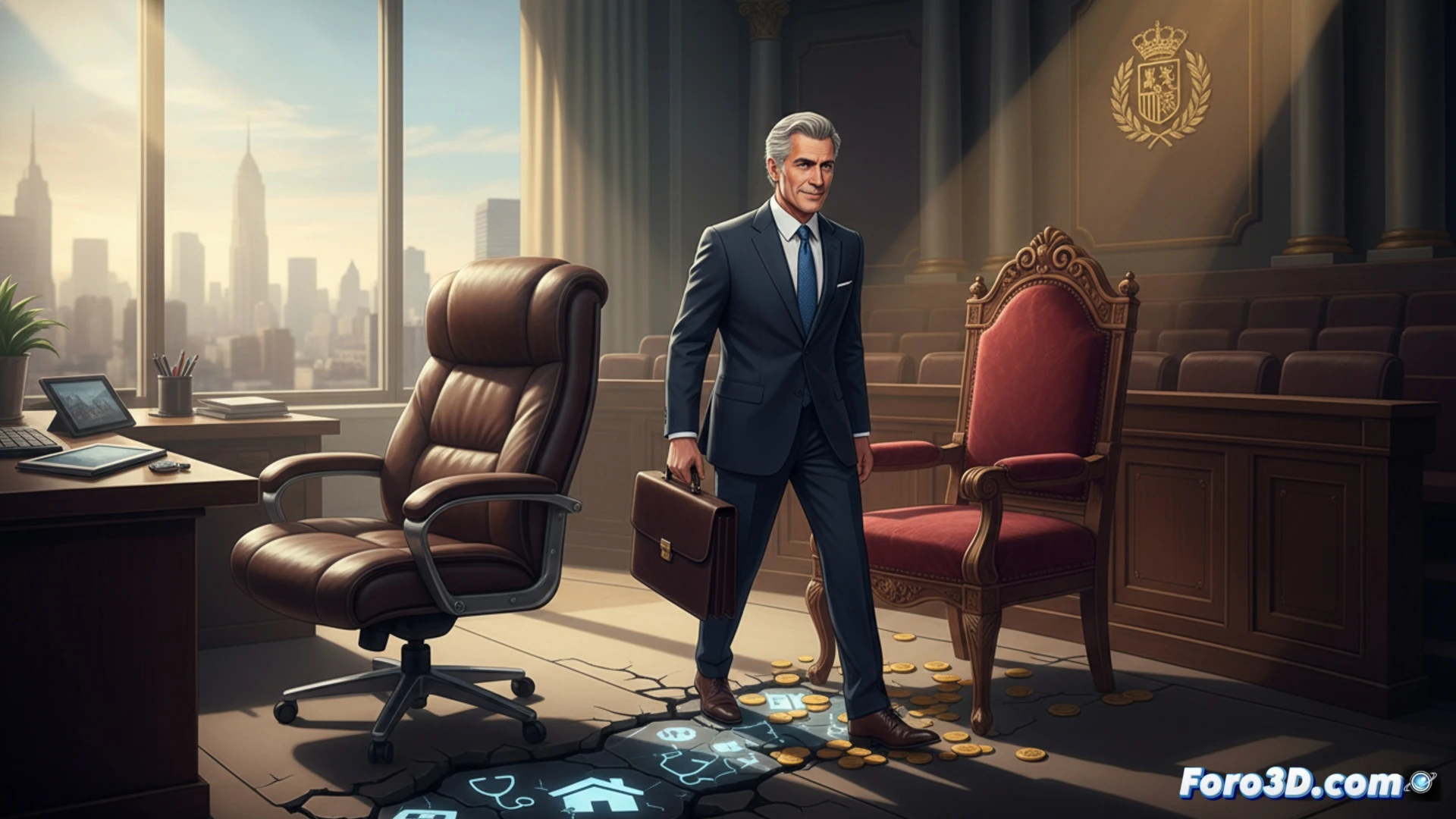 polished leather executive chair transforming into an ornate senate seat, metal frame morphing mid-action, gears and legislative documents scattering during the change, dark wood paneling and marble columns in background, cinematic photorealistic style, dramatic chiaroscuro lighting, intricate mechanical joints visible, papers with blueprints of housing and hospital plans being crushed under the shifting furniture, dust particles suspended in air, ultra-detailed texture on upholstery and brass fixtures, high-contrast shadows, technical illustration aesthetic