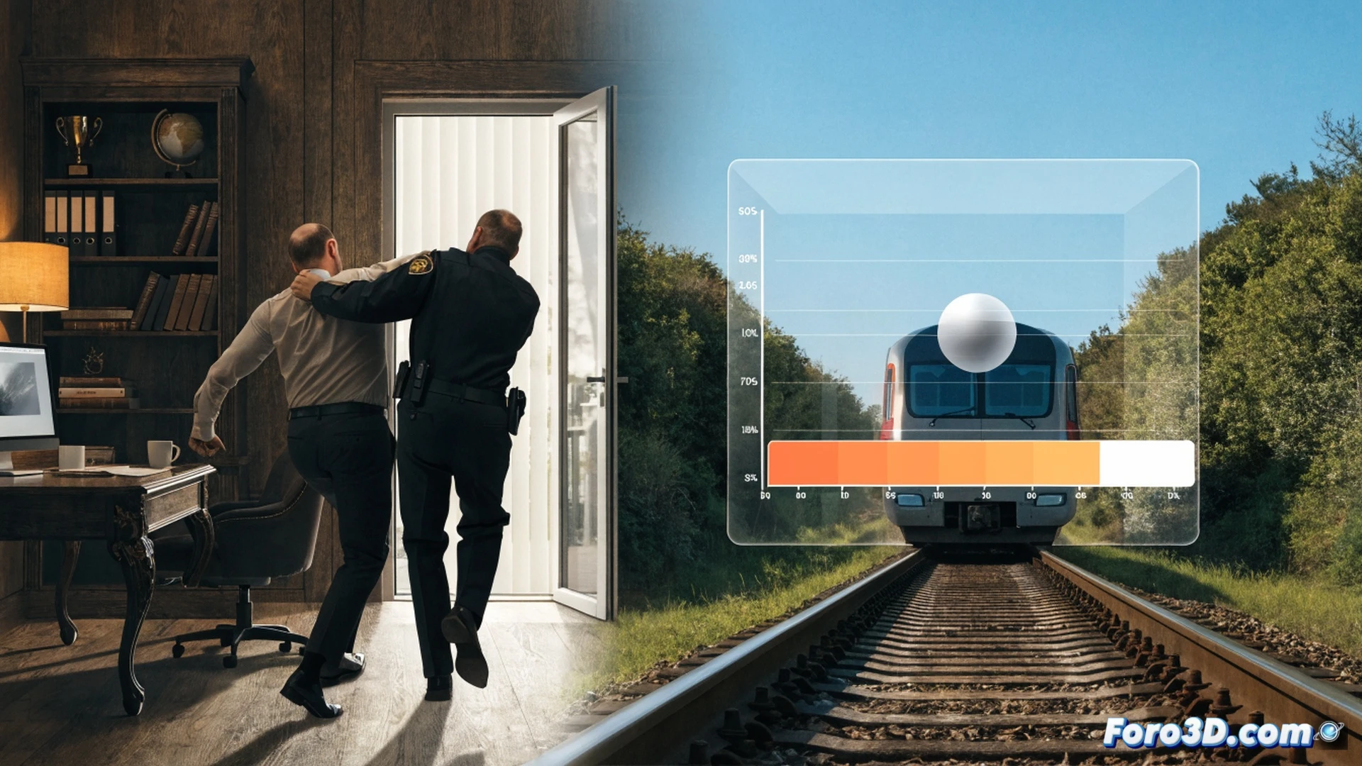 railway track inspection scene, a management figure in suit walking away from a broken section of rail while pointing at a small 7 percent progress chart on a tablet, maintenance workers with wrenches and welding gear standing idle near rusted tracks, a single worn-out locomotive in background, cracked concrete sleepers and faded warning signals, photorealistic technical illustration, overcast industrial lighting, muted steel and concrete colors, visible corrosion on metal joints, abandoned maintenance tools on gravel, dramatic contrast between the clean tablet screen and decaying infrastructure, cinematic engineering visualization