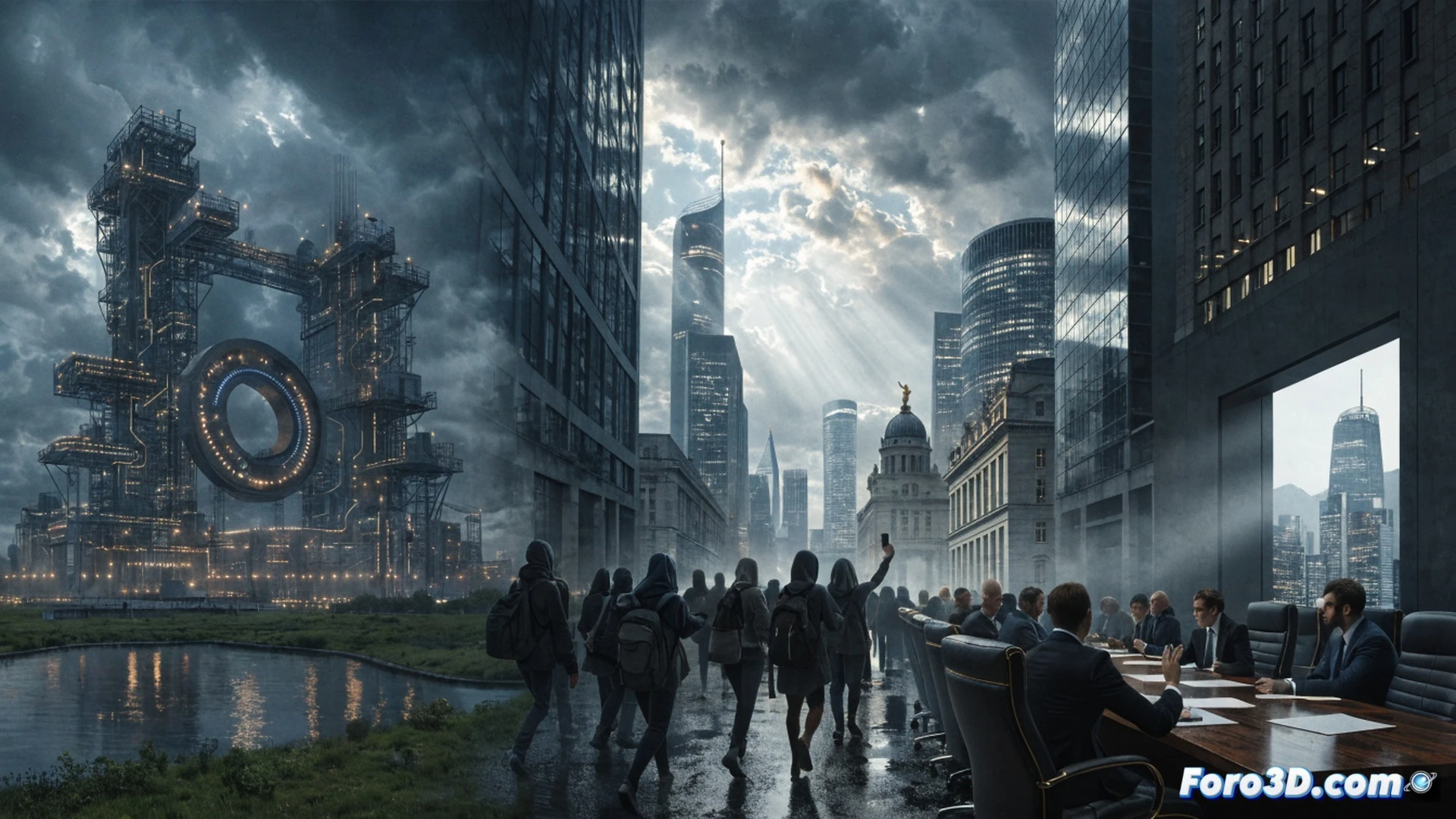 A massive macroplant construction site, towering grey industrial silos and pipe networks, a polished wooden meeting table with a large digital screen showing contradictory environmental impact reports, one official hand hesitating mid-air over a signature, a crowd of protesters visible through a glass wall, their signs blurred, photorealistic engineering visualization, cold fluorescent lighting, metallic reflections, tense atmosphere, ultra-detailed mechanical components, dramatic contrast between sterile boardroom and chaotic outside