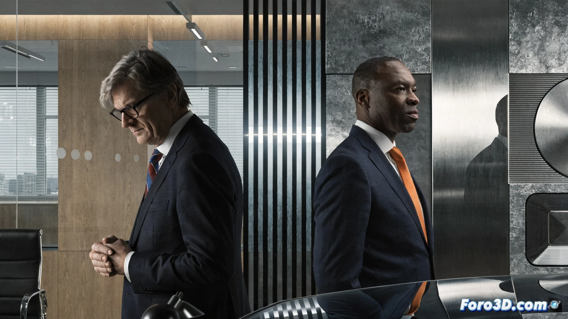 Bosch headquarters facade at dusk, a sleek electric vehicle component being lifted by robotic arm during assembly line transition, two figures in business suits exchanging documents near a glowing circuit board wall, one handing a control tablet to the other, industrial machinery in background with blinking status lights, photorealistic engineering visualization, metallic surfaces reflecting cool blue light, precise mechanical details, dramatic shadow contrast, cinematic corporate atmosphere, ultra-detailed manufacturing environment