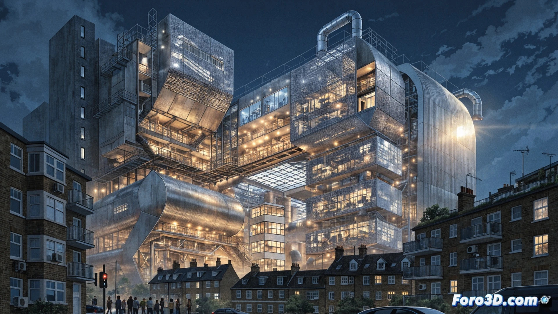 Aerial view of Kentish Town construction site at dawn, massive film studio complex rising with steel framework and glass panels, yellow construction cranes lifting soundproof wall modules into place, workers in hard hats assembling ventilation shafts and fire safety sprinkler systems, adjacent eco-friendly housing blocks with green roofs and solar panels, smoke simulation from a controlled fire safety test near industrial sprinklers, cinematic photorealistic engineering visualization, soft mist over London skyline, dramatic low sunlight casting long shadows, ultra-detailed building materials and scaffolding, environmental sensors mounted on poles monitoring air quality
