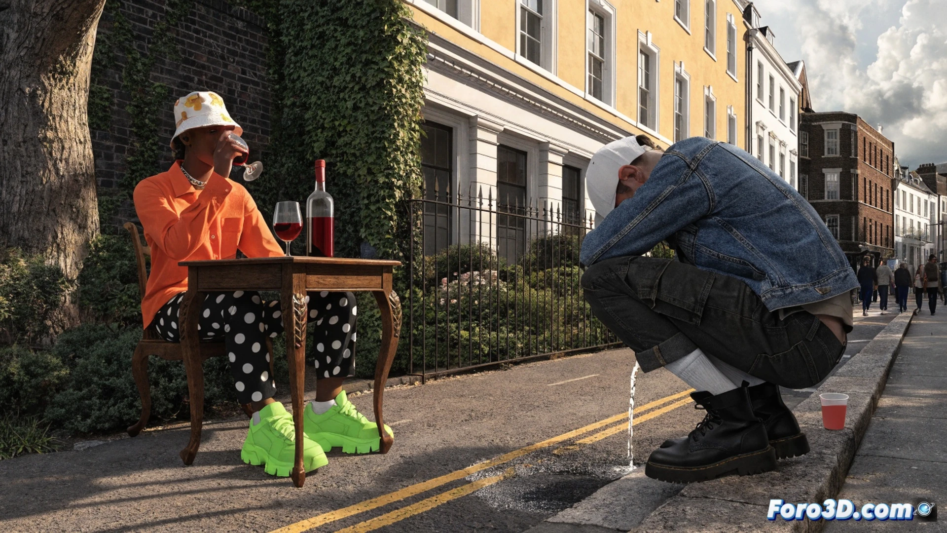 Camden street scene at night, a uniformed police officer confiscating a bottle from a person drinking on a park bench, another person urinating against a wall in the background, yellow warning signs displaying penalty notice, street lamp illuminating the action, cinematic photorealistic style, urban London setting with brick buildings, litter bins and cobblestone pavement, dramatic shadows, realistic textures, demonstrating antisocial behaviour enforcement, technical documentary aesthetic