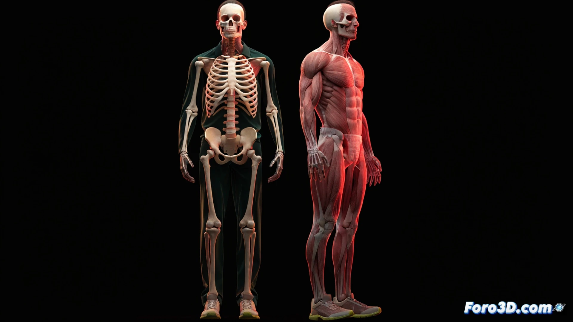 tall cricketer mid-bowling delivery, arm fully extended releasing ball, biomechanical overlay showing skeletal structure and muscle fiber activation in shoulder and torso, green and blue anatomical highlights on skin, motion capture markers on joints, cricket pitch visible below with stumps, cinematic sports science visualization, photorealistic human anatomy, dynamic pose with stretched tendons and contracting muscles, dramatic stadium floodlights, subtle particle trails around ball, technical medical illustration style