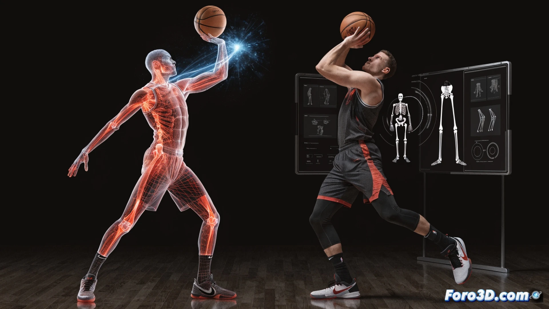 biomechanical 3D analysis of basketball player mid-shot, left foot slightly lifted off court surface, knees misaligned creating unstable base, right elbow tracking inward, ultra-quick wrist release at apex of jump, ball leaving fingertips with backspin, glowing motion lines tracing kinetic chain from ground to release point, wireframe skeleton overlay highlighting joint angles, technical engineering visualization, dark studio background with soft rim light, photorealistic render, precise anatomical detail, dramatic low-angle perspective