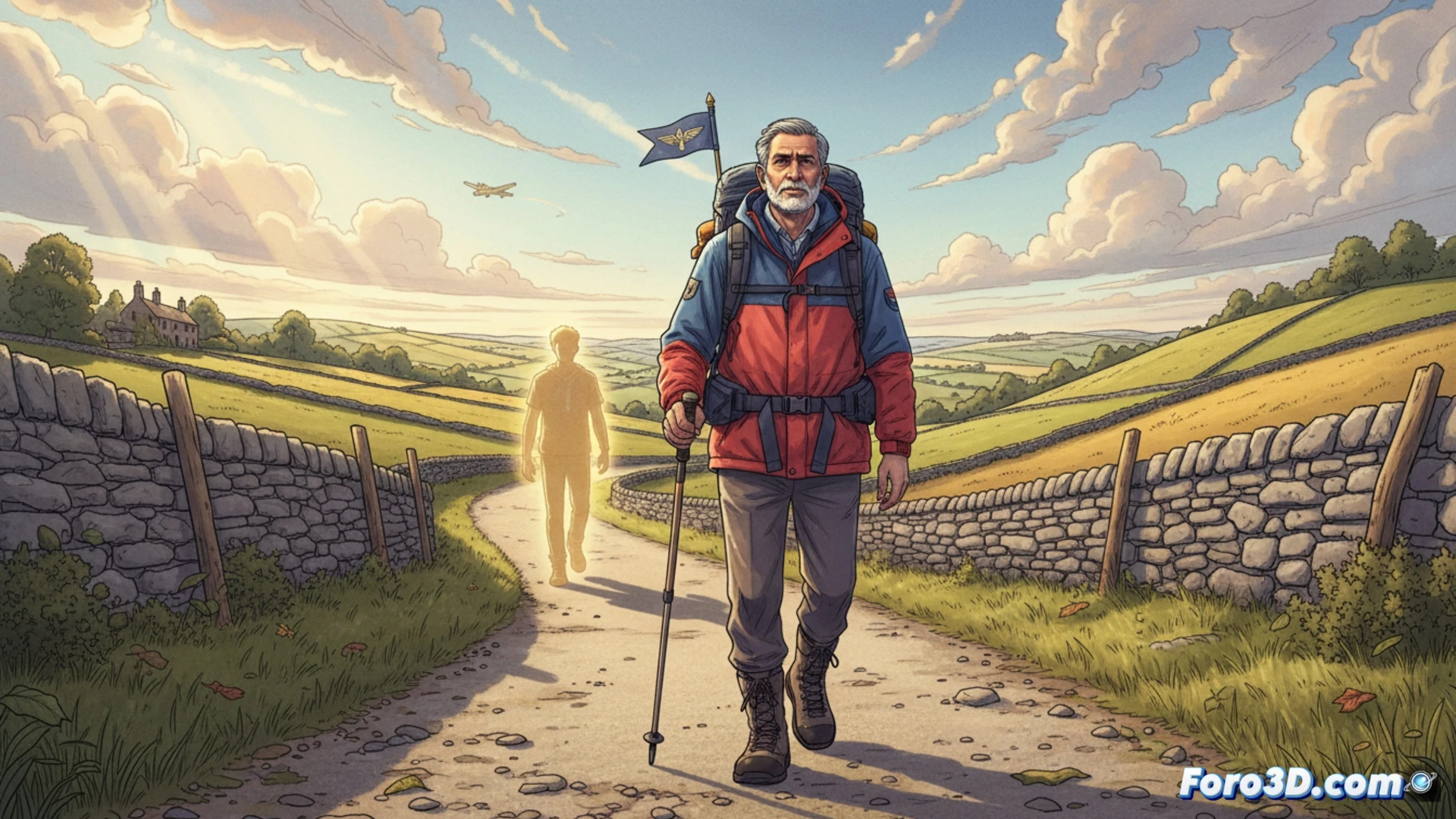 Un hombre de 60 años camina por una carretera rural con una mochila, portando una foto de su hijo y una bandera de la RAF bajo un cielo nublado.