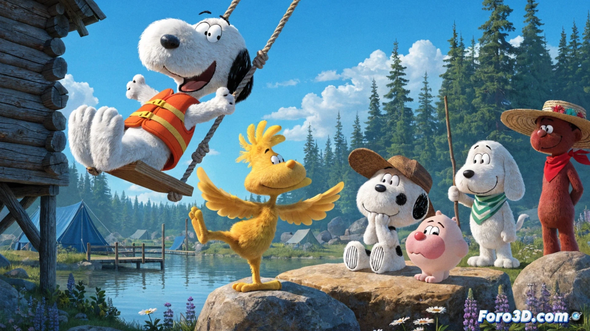 Snoopy and Woodstock canoeing on a calm lake at sunset, wooden paddle slicing water surface, droplets catching golden light, Charlie Brown and Linus fishing from a wooden dock in background, pine trees framing the scene, campfire smoke rising near tents on shore, fishing rod line curving into water, canoe hull reflecting ripples, warm amber and deep blue color palette, cinematic family adventure illustration, soft lens flare through tree branches, nostalgic summer camp atmosphere, photorealistic digital painting style