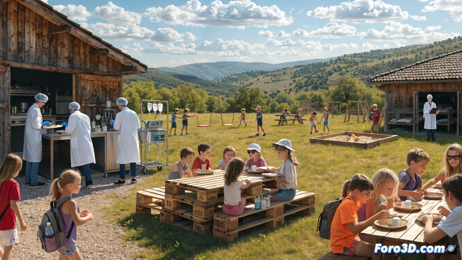 niños sentados en mesas de comedor al aire libre bajo toldos de lona verde, mostrando bandejas de comida con etiquetas de colores para 58 alergias diferentes, enfermera con tableta digital verificando menús individuales, mochilas con autoinyectores de adrenalina visibles en sillas cercanas, proceso de distribución segura de alimentos, luz natural suave de verano, estilo fotorealista cinematográfico, enfoque nítido en rostros sonrientes y etiquetas de alergias, fondo de pinos y cielo despejado, texturas de madera y plástico médico, alta definición técnica