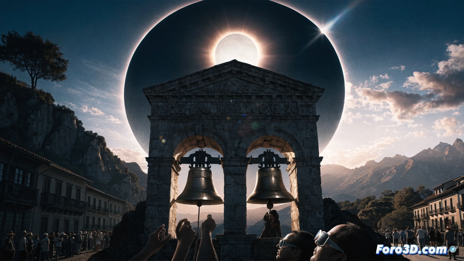 medieval church bell tower in Lerín, Spain, during solar eclipse, bell ringer pulling rope while eclipse phases projected on ancient stone wall, protective eclipse glasses hanging from wooden beam, technical diagram of eye retina overlaid on bell mechanism, cinematic engineering visualization, dramatic contrast between dark eclipse shadow and golden bell, glowing safety indicators around bell clapper, photorealistic architectural detail, warm sunset lighting mixed with cool eclipse light