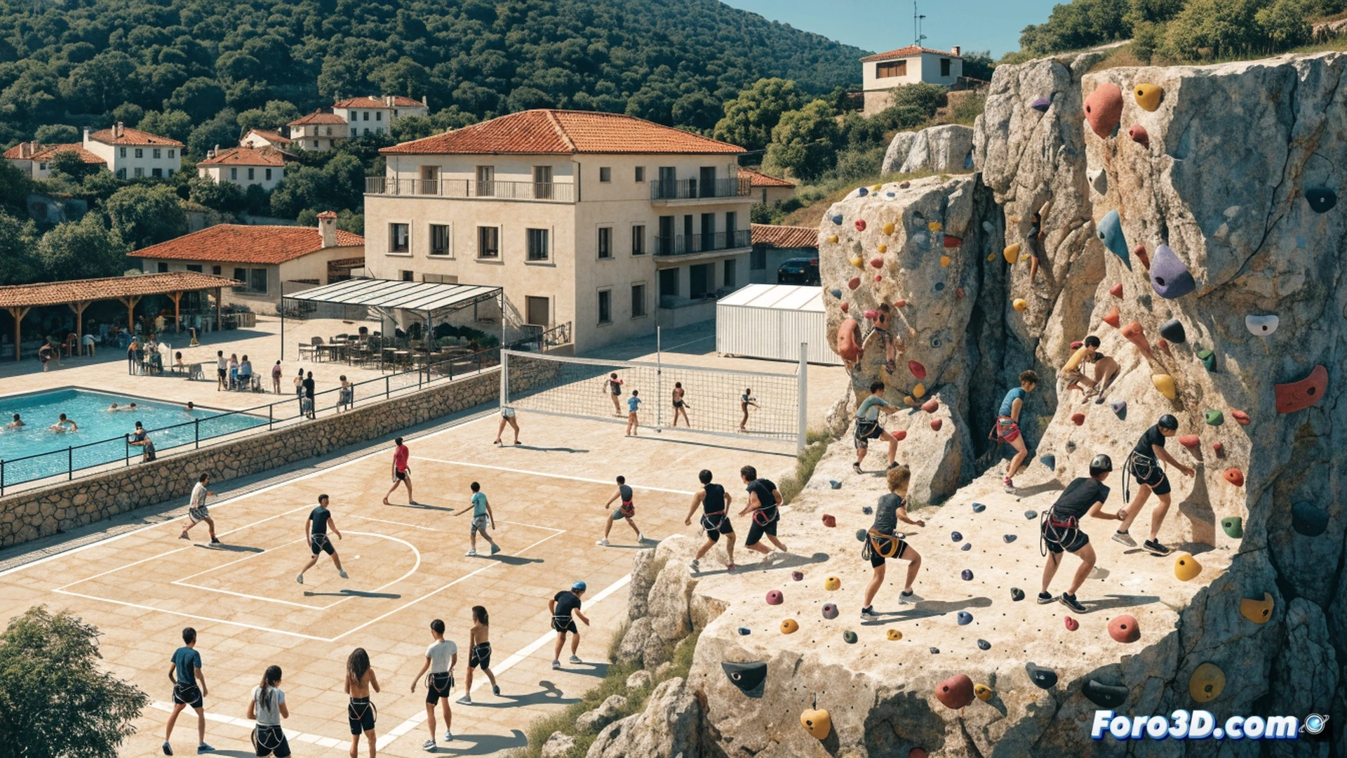 niños escalando un rocódromo multicolor al aire libre bajo el sol de verano, un monitor deportivo asegurando a un niño con arnés y cuerda, al fondo cancha de fútbol con niños corriendo y piscina con juegos acuáticos, césped artificial y sombrillas, cámara gran angular capturando la acción simultánea, estilo fotorealista cinematográfico, iluminación natural brillante, colores vivos y saturados, profundidad de campo, texturas de agarre en presas de escalada, movimiento congelado de saltos y lanzamientos de balón, ambiente de alegría y compañerismo