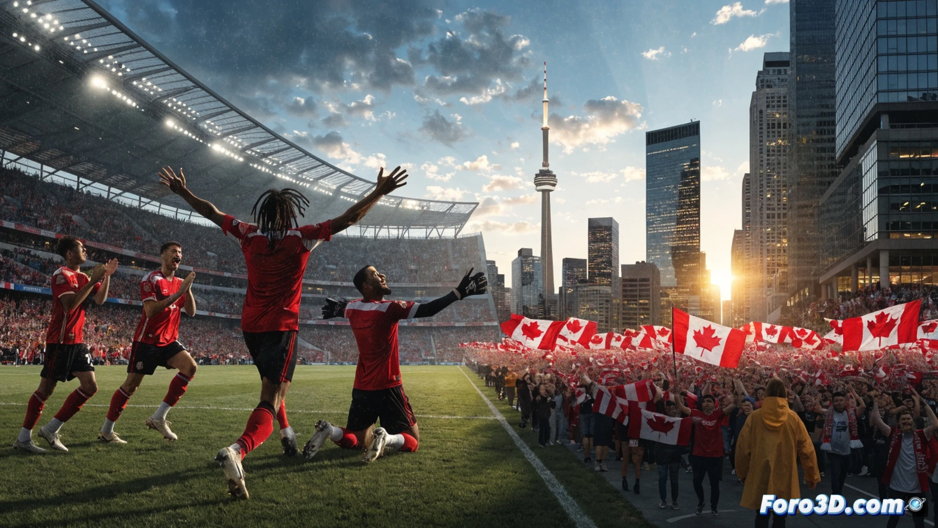 Canadian soccer player striking ball with laces at 92nd minute, net bulging as ball enters top corner, goalkeeper diving late, stadium floodlights casting dramatic shadows, turf blades scattering, motion blur on player's leg, roaring crowd silhouettes in stands, red and white Canadian flags waving in background, photorealistic cinematic sports photography, ultra-detailed jersey fabric texture, grass particles frozen mid-air, emotional celebration beginning to erupt, high contrast dynamic lighting, telephoto lens compression effect