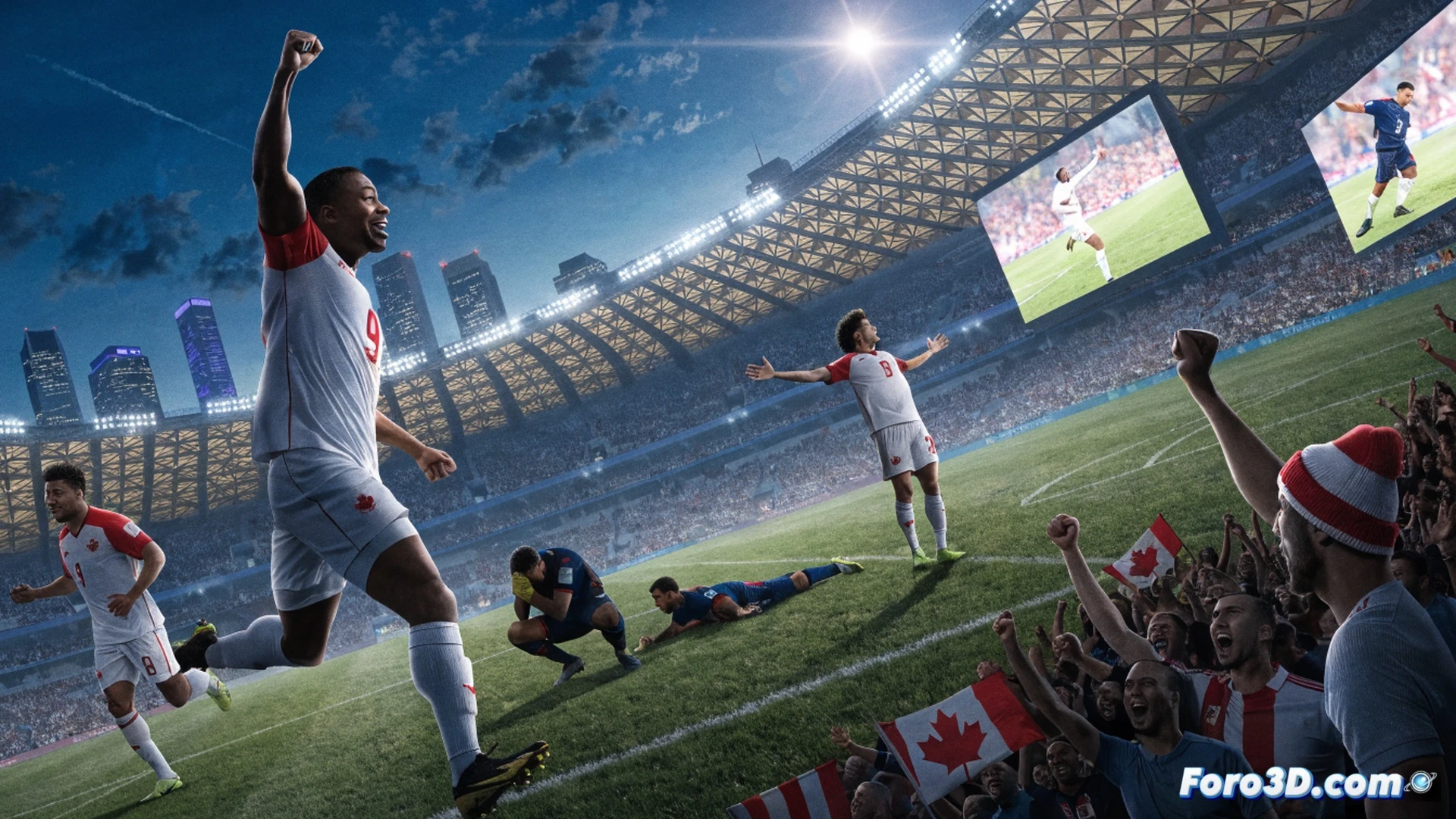 Canadian soccer player Jonathan David mid-kick, ball curving toward goal, red and white jersey with maple leaf, three Catar defenders lunging, stadium crowd erupting, scoreboard showing 6-0, grass turf with cleat marks, net rippling, cinematic sports photography style, dramatic stadium floodlights casting long shadows, motion blur on ball and legs, ultra-detailed jersey fabric texture, photorealistic match action render