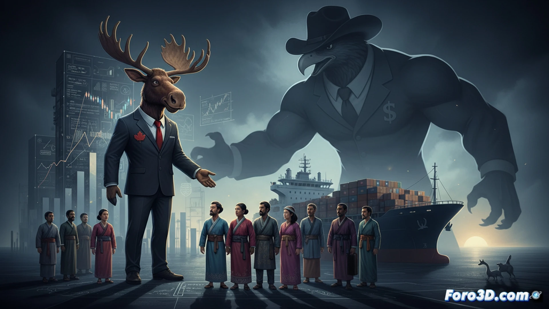 Cinematic scene of a massive North American map table, glowing red trade route from Canada to US overwhelming all other dim blue global paths, three-quarters of export dollars visibly flowing south as a neon stream, while Canadian diplomats shake hands with Asian and European delegates who secretly glance at US border, calculators in hands, holographic trade documents floating showing fine print linking Canada to US access, dark boardroom atmosphere, overhead dramatic spotlight on the skewed trade flow, photorealistic technical visualization, ultra-detailed map contours, sleek modern architecture, cold blue and amber industrial lighting