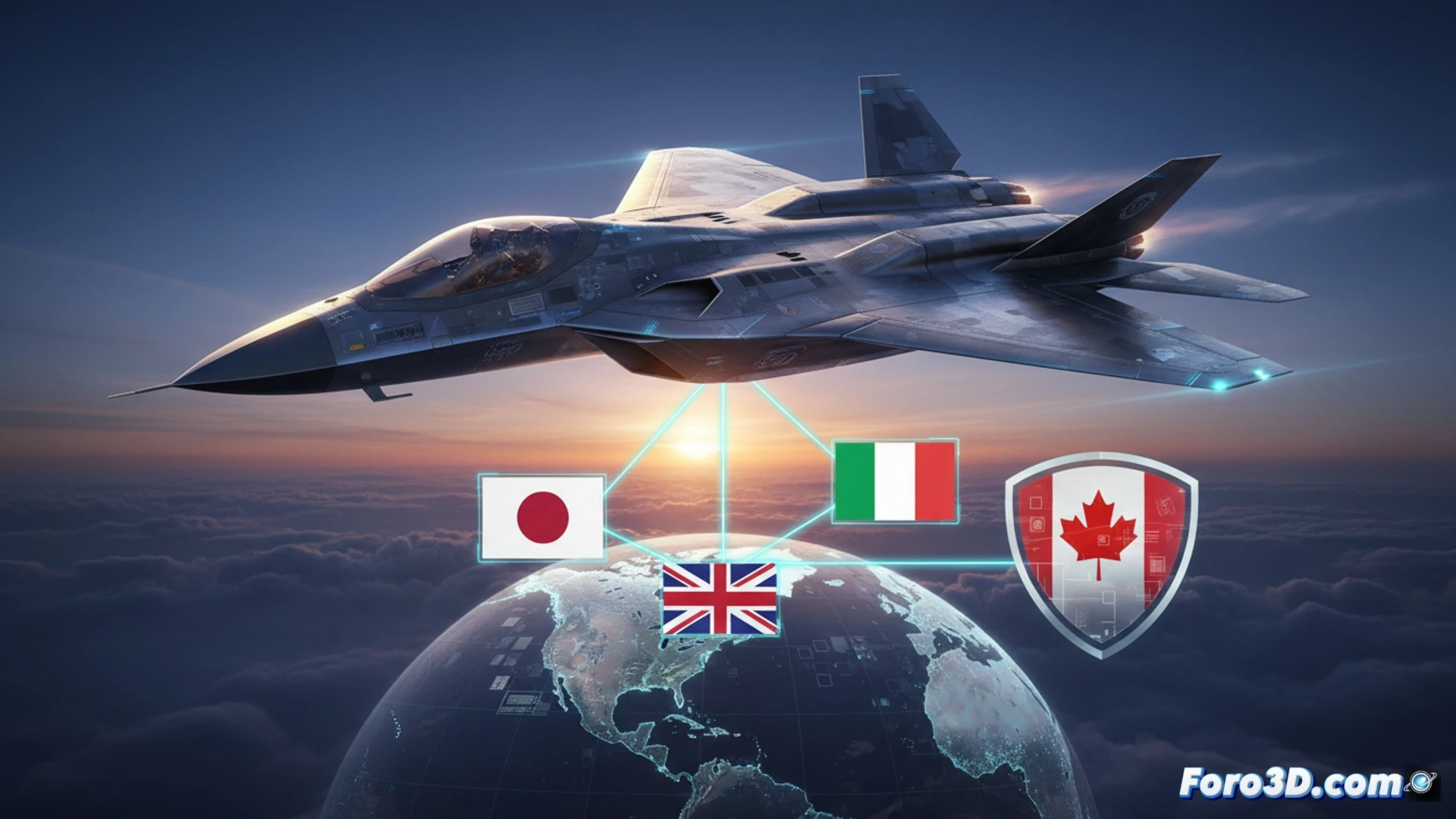 global fighter jet cockpit holographic display showing six-generation network nodes, Canadian observer delegation in background watching real-time data streams from Japan Italy UK flags, engineers pointing at digital schematics of stealth airframe and directed energy weapons, photorealistic technical illustration, metallic blue and grey tones, holographic interface glowing with radar cross-section analysis and AI targeting overlays, collaborative multinational command centre, dramatic low-angle lighting, ultra-detailed avionics and sensor fusion visualization