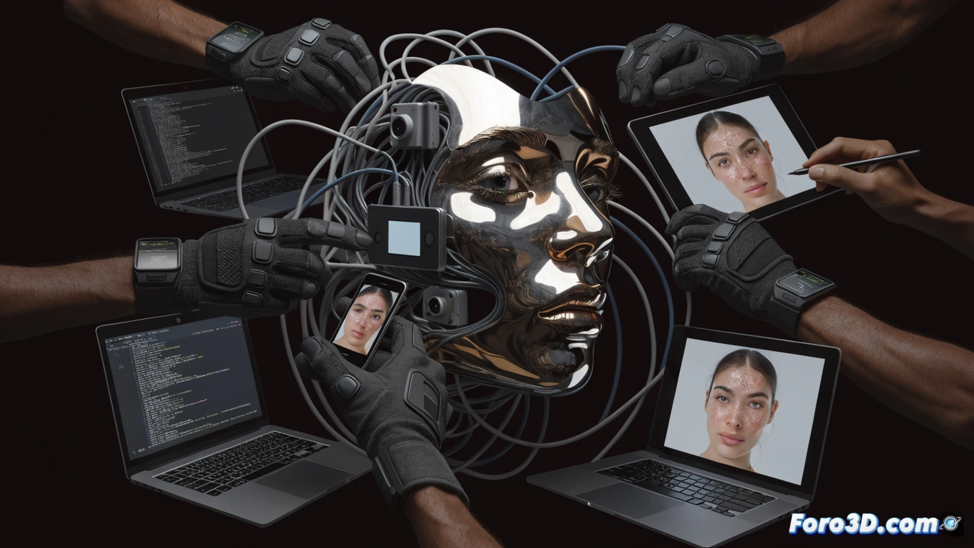 Photorealistic technical illustration of a dimly lit underground workspace, showing a laptop screen displaying a fake ID generation software interface, a webcam directed at a mannequin head with printed face mask, glowing facial recognition grid projected onto the mask, USB drive labeled KYC bypass kit plugged into laptop, scattered documents with holographic seals, user manipulating a selfie with image editing software, dramatic shadows, blue and red LED lighting from hardware components, ultra-detailed electronic devices, cinematic cybersecurity scene, no text or numbers visible