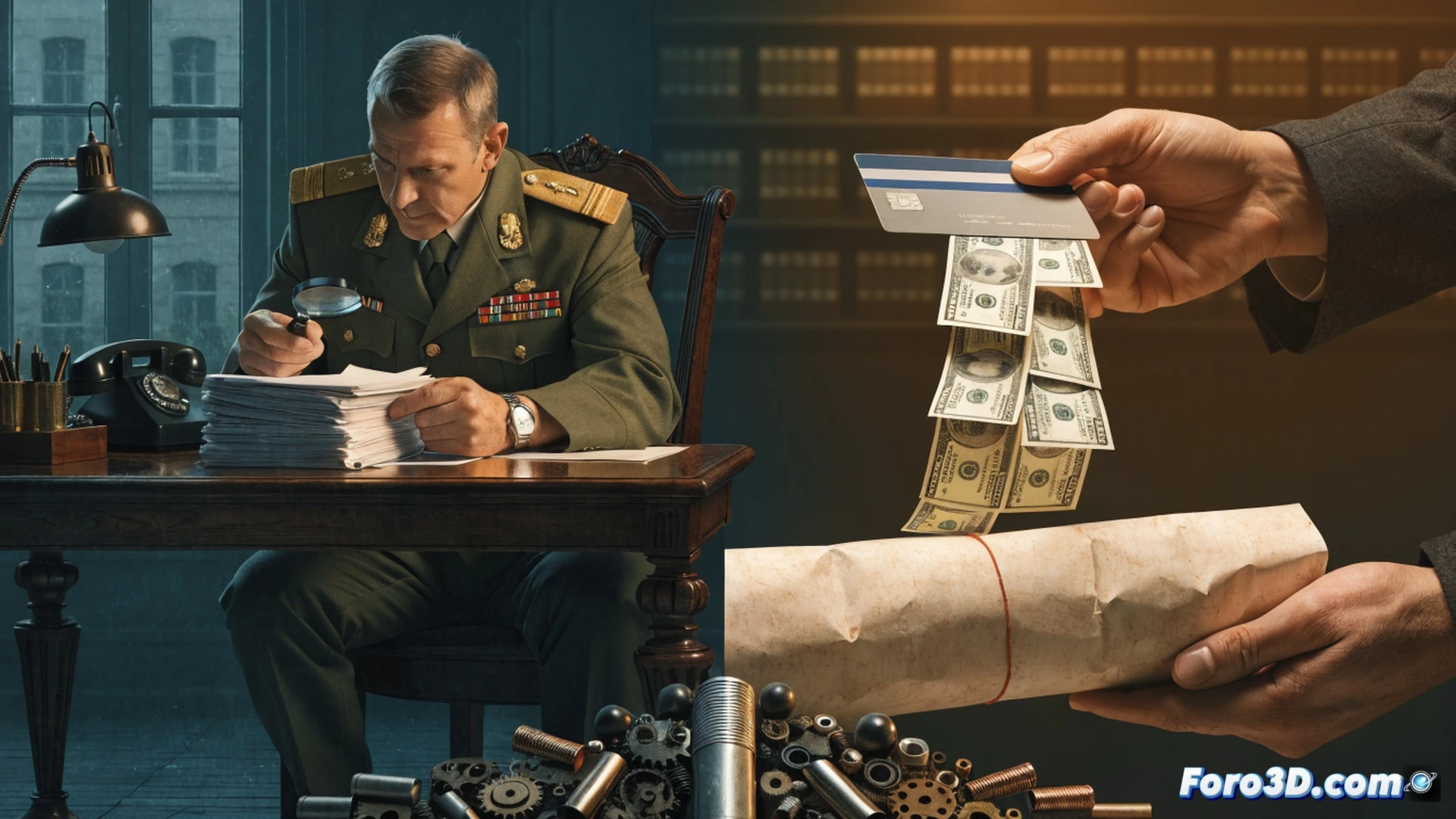 Cancelación de contrato militar, documento oficial siendo sellado con un gran sello rojo de cancelado, mientras al fondo un hospital público tiene equipos médicos apagados y aulas escolares vacías, sobre una mesa yacen expedientes opacos de defensa apilados frente a un ordenador con gráficos de gasto disparados, estilo ilustración técnica cinematográfica, iluminación dramática de oficina gubernamental, contraste entre el primer plano nítido del sello y el desenfoque de fondo de recortes sociales, fotorealismo industrial, sombras duras, textura de papel oficial y metal del sello