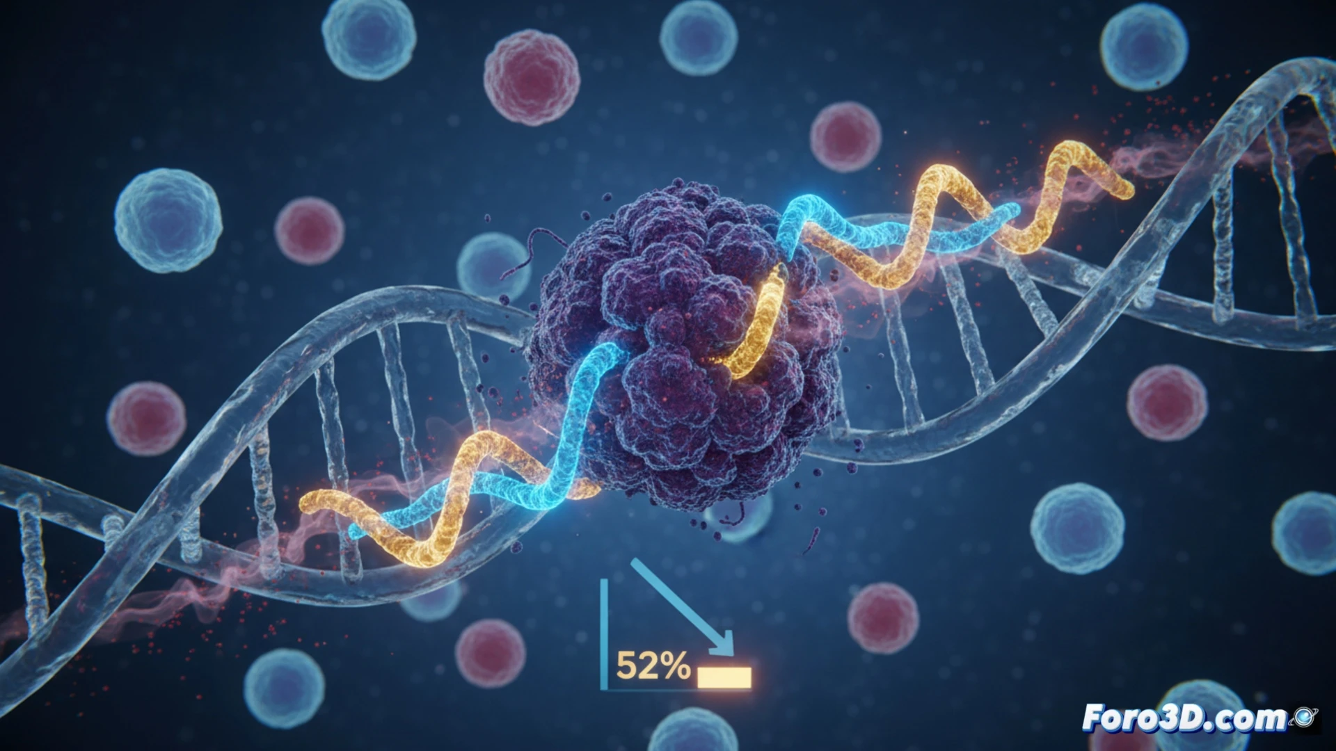 Científicos en laboratorio analizan análisis genómico y modelo molecular de próstata, con gráfico de reducción de riesgo del 52%.