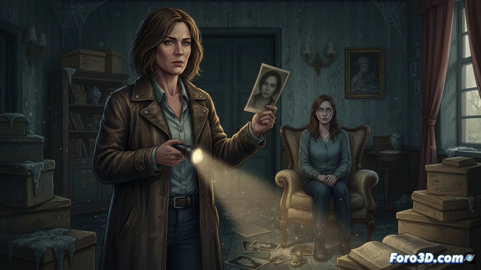 Candela Peña como detective de mediana edad examinando una pared de evidencias con fotografías y notas adhesivas, sosteniendo una lupa sobre un expediente policial abierto, mesa con ordenador portátil apagado y una taza de café frío, luz de neón azul filtrándose por persianas metálicas, sombras profundas en su rostro cansado, reflejo borroso de una mujer sin rostro en un espejo roto al fondo, estilo cinematográfico thriller noir, fotorealismo técnico, textura granulada de película, iluminación dramática de claroscuro, colores fríos con acentos amarillos, encuadre de plano medio con acción de investigación durante la noche.