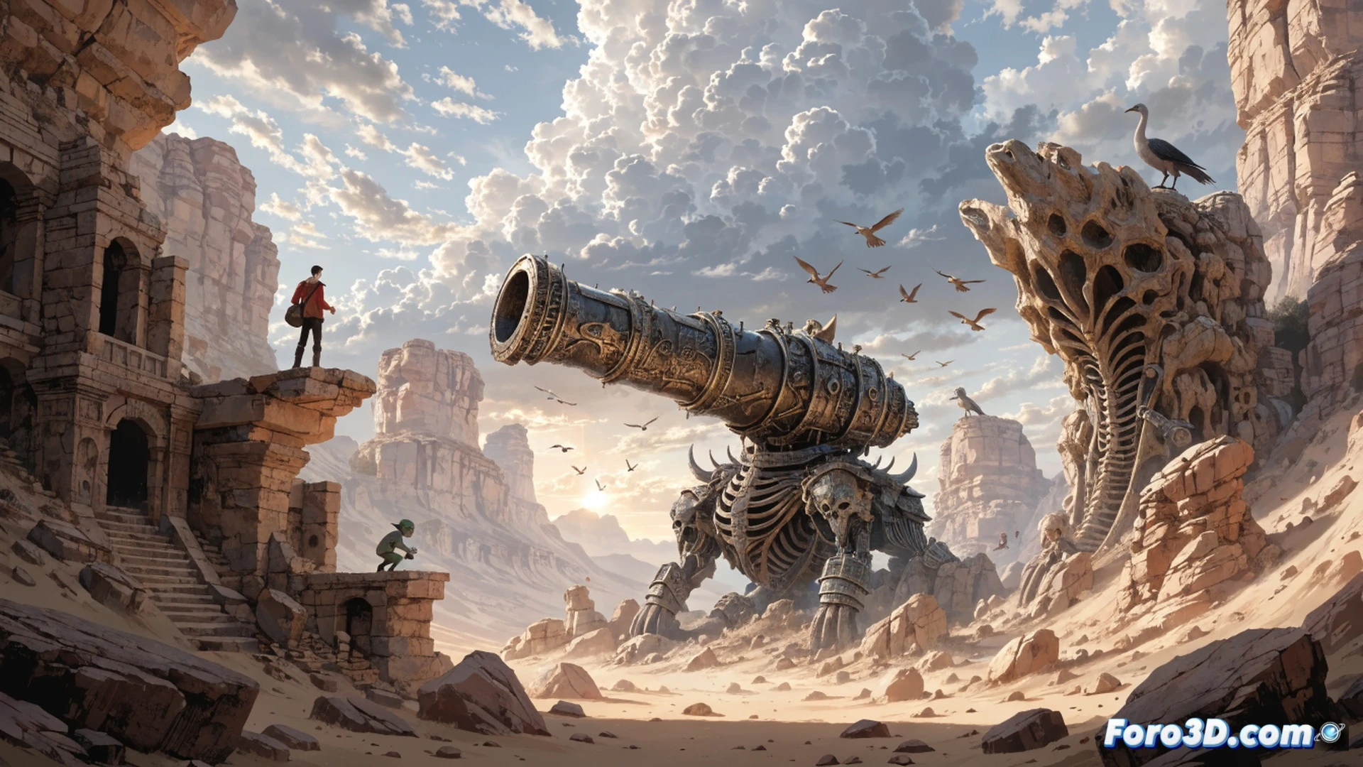 heroic figure in desert battle stance, sand particles swirling around cannon barrel as explosive blast propels enemy silhouettes backward, mechanical gears and steam vents on cannon arm glowing with orange energy, dynamic shonen action pose with cape flaring, dramatic sunset lighting casting long shadows, manga-style ink lines blended with photorealistic textures, cinematic wide shot showing dust clouds and impact craters, high-contrast dramatic shadows, ultra-detailed metal wear on cannon components, motion blur on flying debris, epic adventure atmosphere