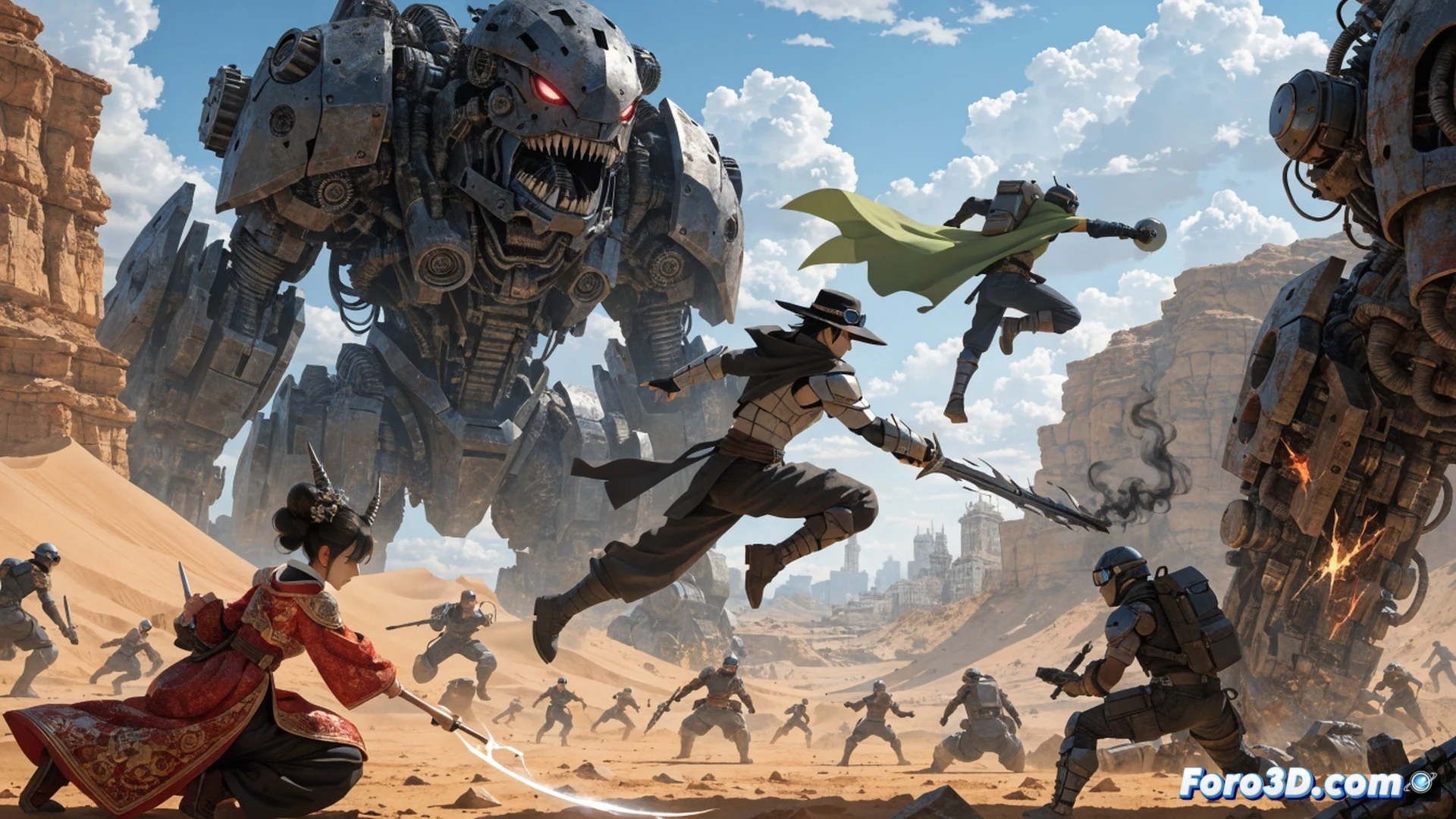 colossal mechanical monster Regilith towering over a desert battlefield, humanoid form with exposed gears and steam vents, metallic plates glowing orange from internal heat, a group of hunters in tactical gear firing energy harpoons from shoulder-mounted launchers, cables wrapping around the creature's leg joints, dust clouds and debris kicked up during the attack, cinematic action scene, dramatic low-angle shot, dynamic motion blur, sparks flying from impact points, photorealistic engineering visualization, harsh desert sun casting long shadows, mechanical details highlighted with metallic reflections, gritty industrial aesthetic, high-contrast lighting