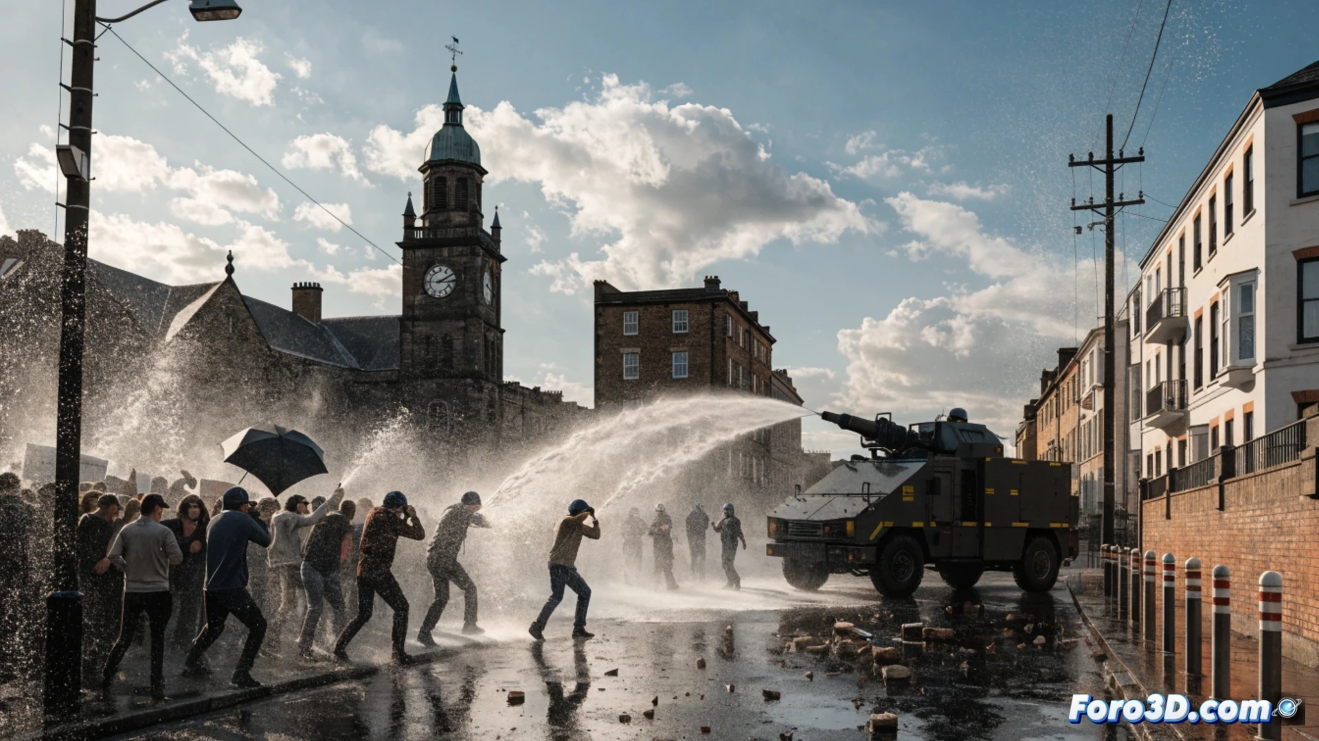Police water cannon firing high-pressure jet at protest crowd on Belfast street, demonstrators with raised fists and placards scattering, riot gear officers in formation behind transparent shields, water droplets freezing in air under grey overcast sky, cobblestone wet with reflections, technical illustration style, cinematic wide-angle shot, dramatic storm lighting, detailed crowd movement and spray patterns, photorealistic urban scene, action during civil unrest, showing dispersal process