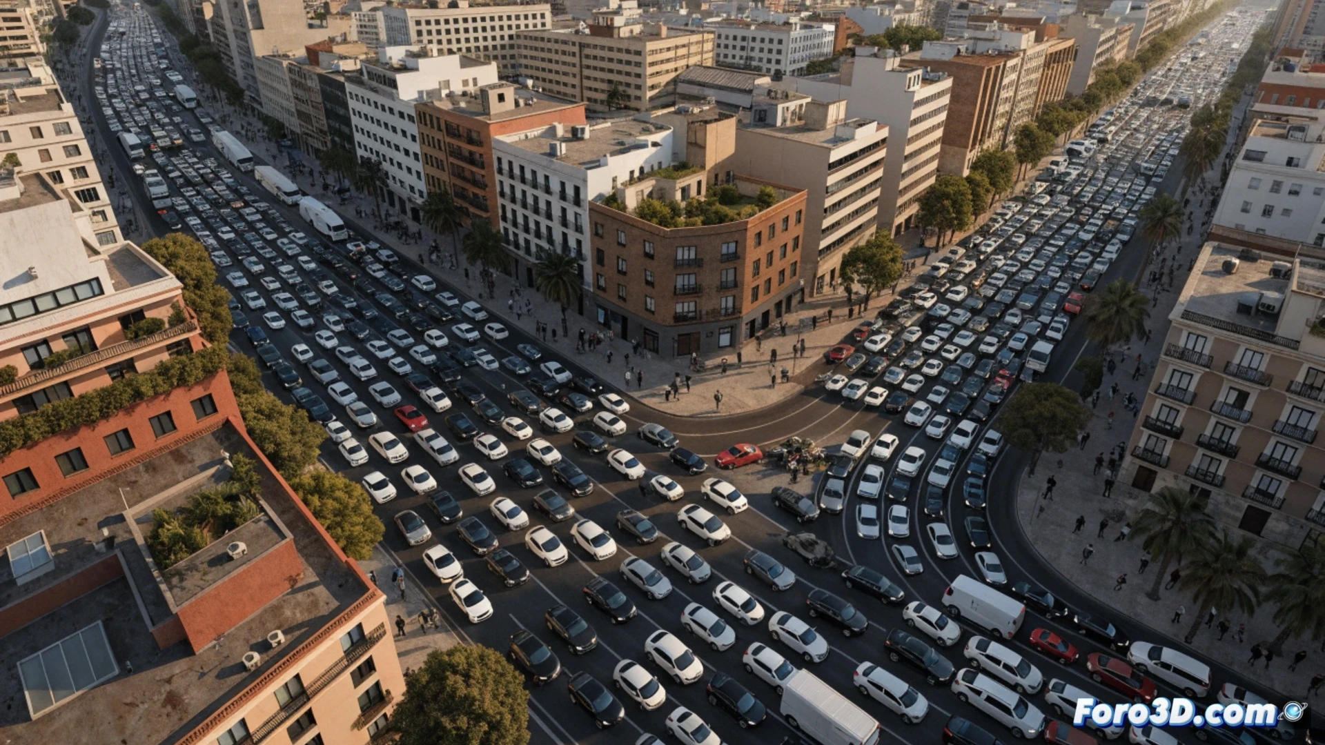 Vista aérea de una autopista urbana colapsada al amanecer, cientos de vehículos detenidos en filas paralelas bajo un cielo gris, un camión volcado bloqueando un carril central, semáforos en rojo sobre una intersección saturada, humo de escape acumulándose entre coches, conductores saliendo de sus vehículos mientras ambulancias intentan abrir paso, estilo cinematográfico fotorrealista, iluminación dramática de amanecer nublado, gran angular mostrando la congestión extendiéndose hasta el horizonte, neblina urbana, reflejos metálicos en capós y parabrisas, textura de asfalto mojado, sensación de caos y detención forzada, ultra detallado.