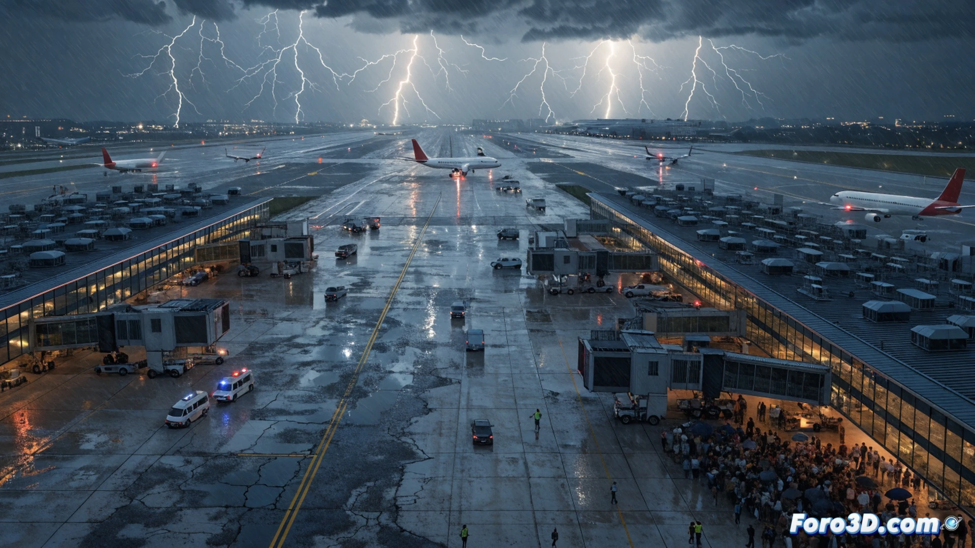 Tormenta eléctrica sobre Heathrow, relámpagos iluminando el cielo nocturno, pista de aterrizaje mojada reflejando luces de emergencia, avión en tierra con escaleras de embarque vacías, pantalla de información de vuelos mostrando retrasos de seis horas, pasajeros abarrotando la terminal con equipaje, personal de aerolínea revisando tabletas y walkie-talkies, proceso de reprogramación en quioscos digitales, estilo cinematográfico fotorrealista, iluminación dramática con destellos de rayos, atmósfera tensa y caótica, detalles técnicos en paneles de radar meteorológico.