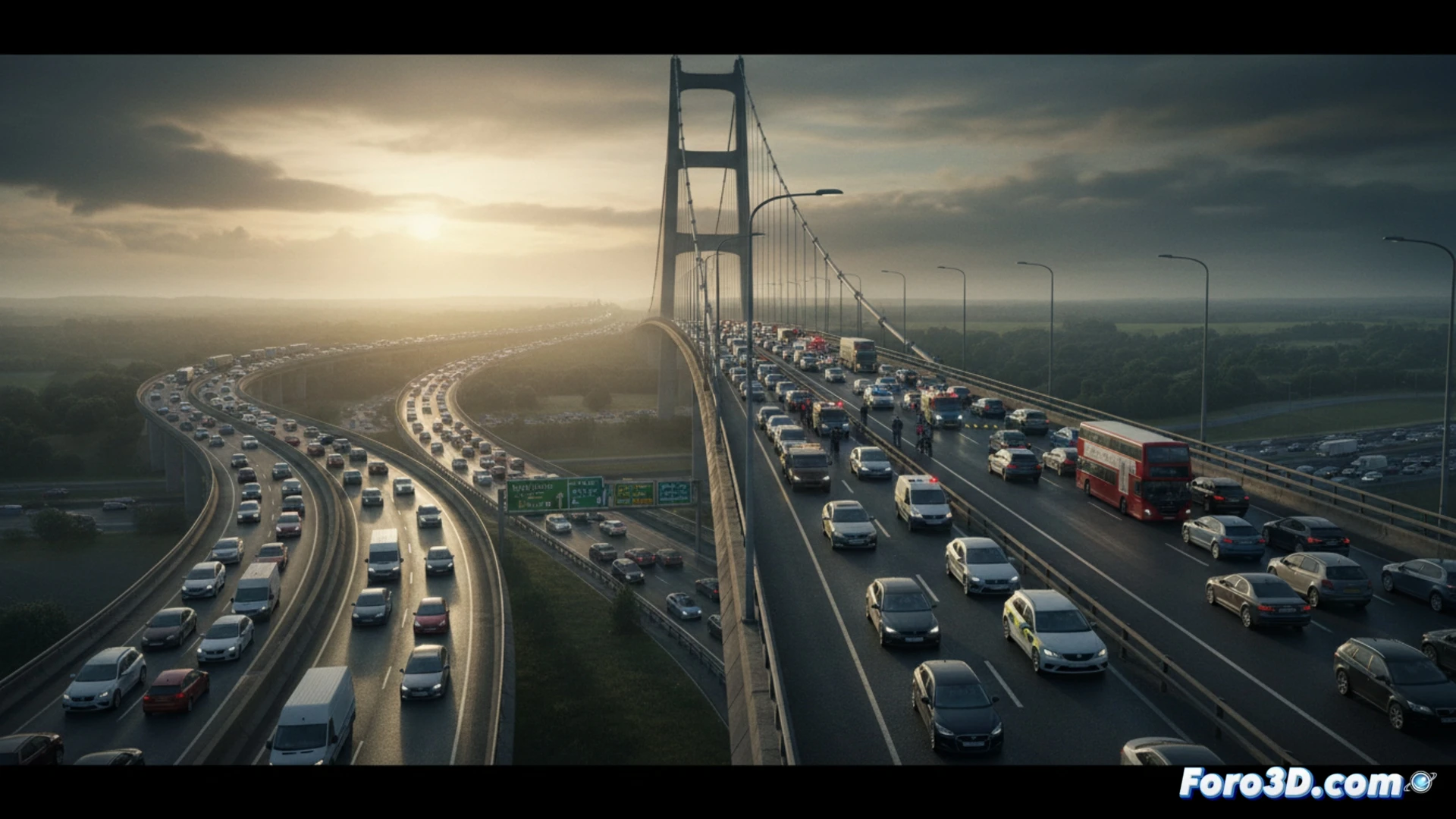 Aerial view of Queen Elizabeth II bridge gridlock, M25 motorway completely jammed with stationary cars and trucks stretching 8 miles, police vehicles blocking bridge entrance with flashing blue lights, a man standing on bridge edge in emotional crisis, traffic diverted toward Dartford tunnel entrance, tall lorries stuck at tunnel height restriction barrier, dramatic overcast lighting, long shadows, photorealistic technical illustration, high-angle cinematic shot, dense traffic jam, emergency vehicles on scene, realistic UK motorway infrastructure, ultra-detailed road markings and bridge cables