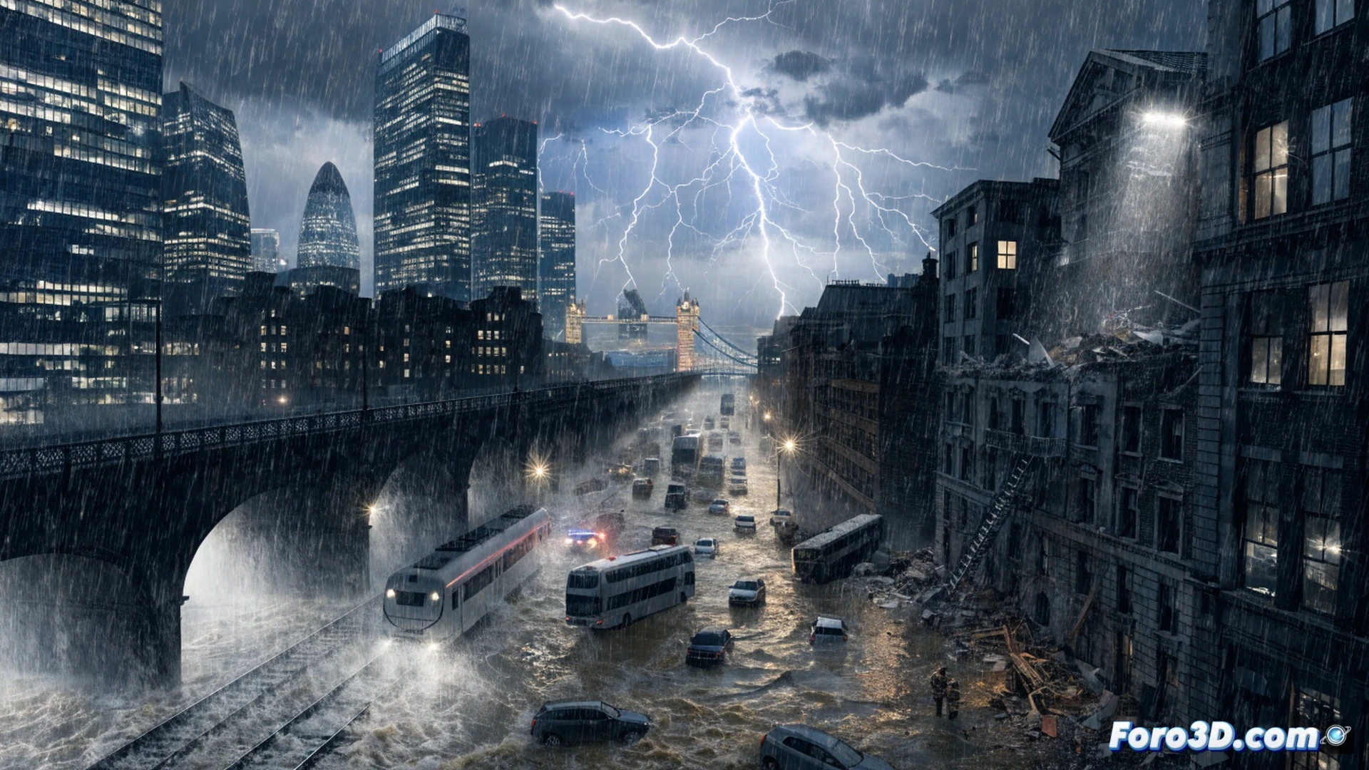 London night storm scene, torrential rain flooding a major street, a double-decker bus partially submerged with water reaching its wheels, a firefighter in yellow gear wading through floodwater carrying a rescue rope, lightning striking a nearby building roof, a railway signal flashing red for suspended Elizabeth Line, water cascading over a train track underpass, cinematic photorealistic style, dramatic dark clouds with electric blue lightning, wet asphalt reflections, ultra-detailed water splashes, intense urban chaos, motion blur of rain streaks, technical illustration of infrastructure failure