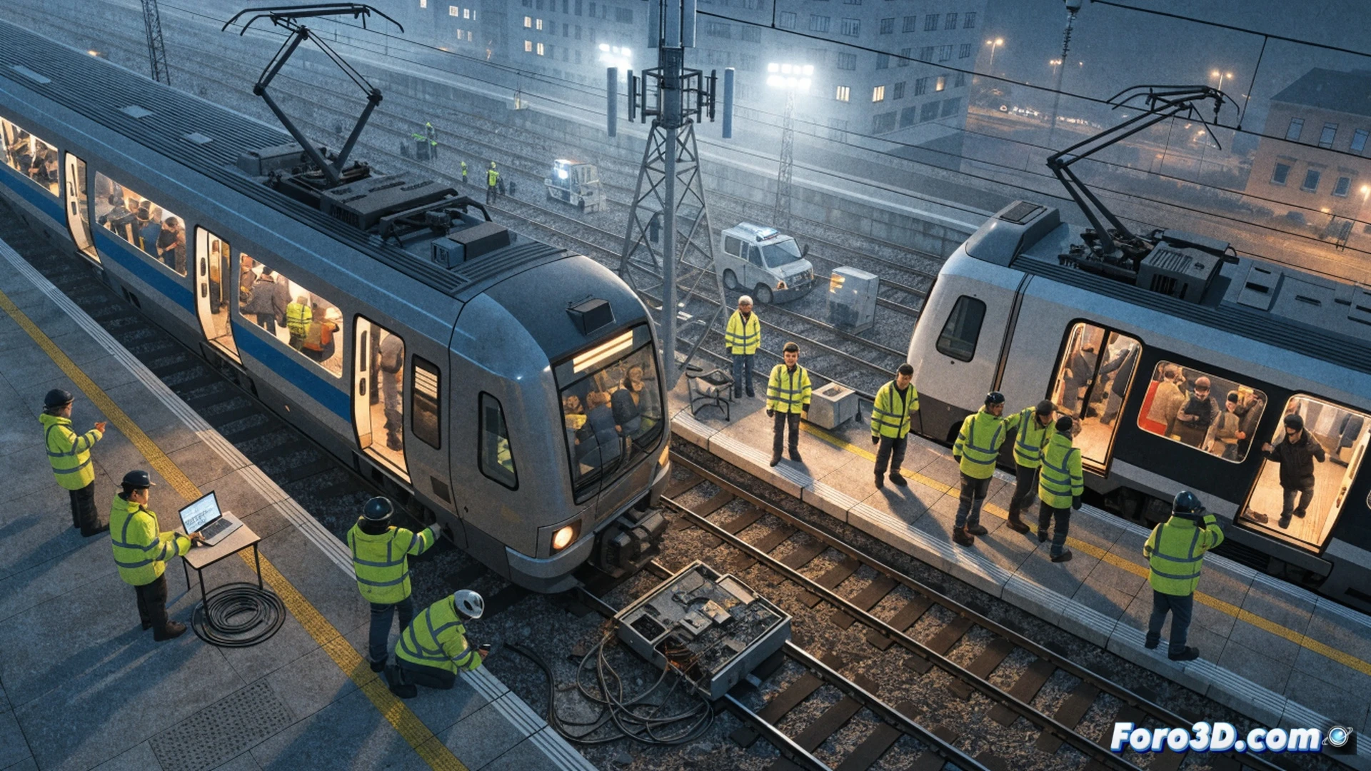 Engineering visualization showing a frozen high-speed ICE train at a deserted main station, digital radio antenna on roof emitting broken red signal waves, frustrated passengers visible through windows checking phones, railway control center in background with technicians pointing at glowing error screens displaying radio network failure, disconnected rail signals showing red, cinematic photorealistic style, cold blue industrial lighting contrasting with emergency amber lights on platforms, ultra-detailed metallic train surfaces, motionless wheels on tracks, dramatic tension emphasizing technological paralysis