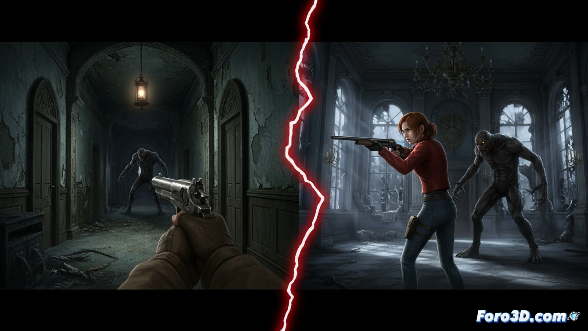 Resident Evil Veronica remake 2027 gameplay comparison, split-screen showing same mansion corridor from first-person and third-person camera angles simultaneously, character aiming a handgun at a zombie while a glowing puzzle lock is visible on a wooden door, modern photorealistic rendering with volumetric lighting and particle effects, nostalgic elements like a CRT monitor showing old game UI, game controller partially visible in foreground, dramatic shadow contrast, ultra-detailed zombie texture and environmental decay, cinematic technical illustration style