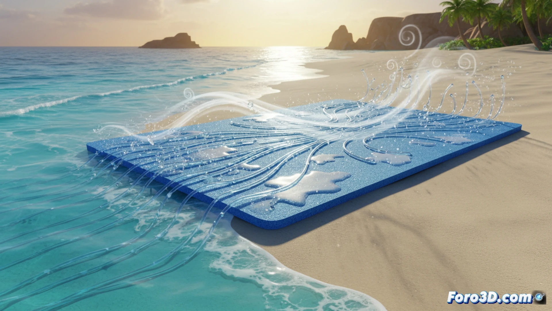 Colchoneta de playa con tubos capilares que absorben agua de mar para enfriarse por evaporación con el viento