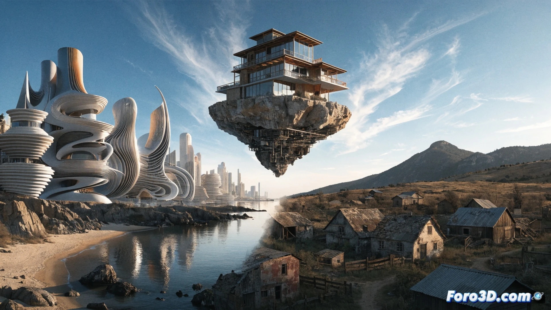 Photorealistic cinematic scene: massive futuristic capital city skyline under construction with towering cranes and glass skyscrapers, foreground shows a young couple holding blueprints for a tiny affordable house being crushed by a giant bulldozer labeled megaproject, background reveals abandoned rural village with crumbling stone houses and empty roads stretching into dust, dramatic contrast between gleaming new towers and decaying ghost town, technical engineering visualization with construction equipment, architectural renderings, soil erosion patterns, cracked foundations, photorealistic lighting, hyper-detailed textures, wide-angle lens capturing inequality