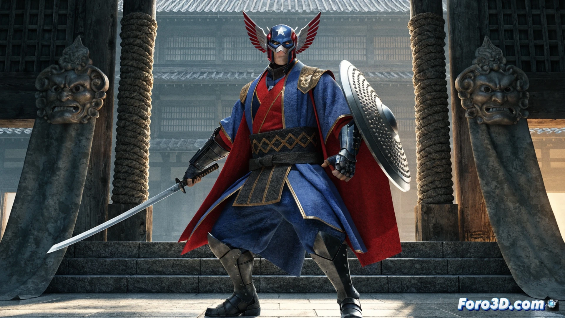 Samurai Captain America mid-battle stance, blue red white jinbaori jacket flowing while metallic winged helmet reflects light, holding a katana-shaped shield deflecting energy blasts, sparks flying from impact, traditional Japanese castle rooftop arena at sunset, cherry blossom petals caught in wind, cinematic photorealistic rendering, dramatic rim lighting, dynamic motion blur, detailed armor textures, glowing particle effects, ultra-sharp focus on shield edge and helmet wings, epic fighting game aesthetic