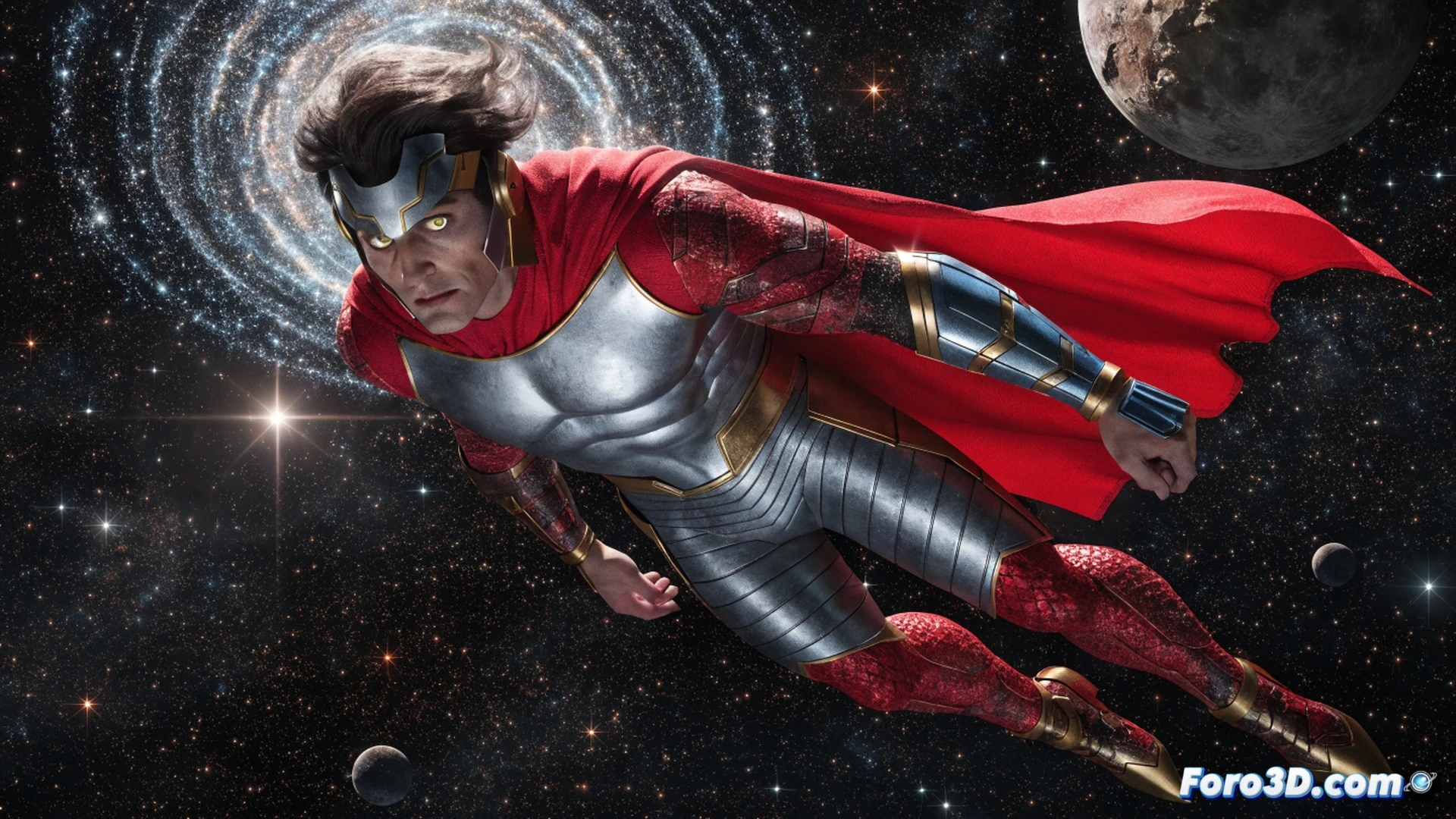 cosmic superhero floating in deep space, glowing blue psi-energy aura around his body, metallic spacesuit with visible circuit patterns, one hand extended forward emitting a telekinetic beam that bends a nearby asteroid, distant stars and nebula clouds in background, showing his isolation and forgotten status, cinematic engineering visualization, dramatic side lighting from distant sun, realistic cosmic textures, photorealistic technical render, motion blur on floating debris, high detail on suit joints and energy effects