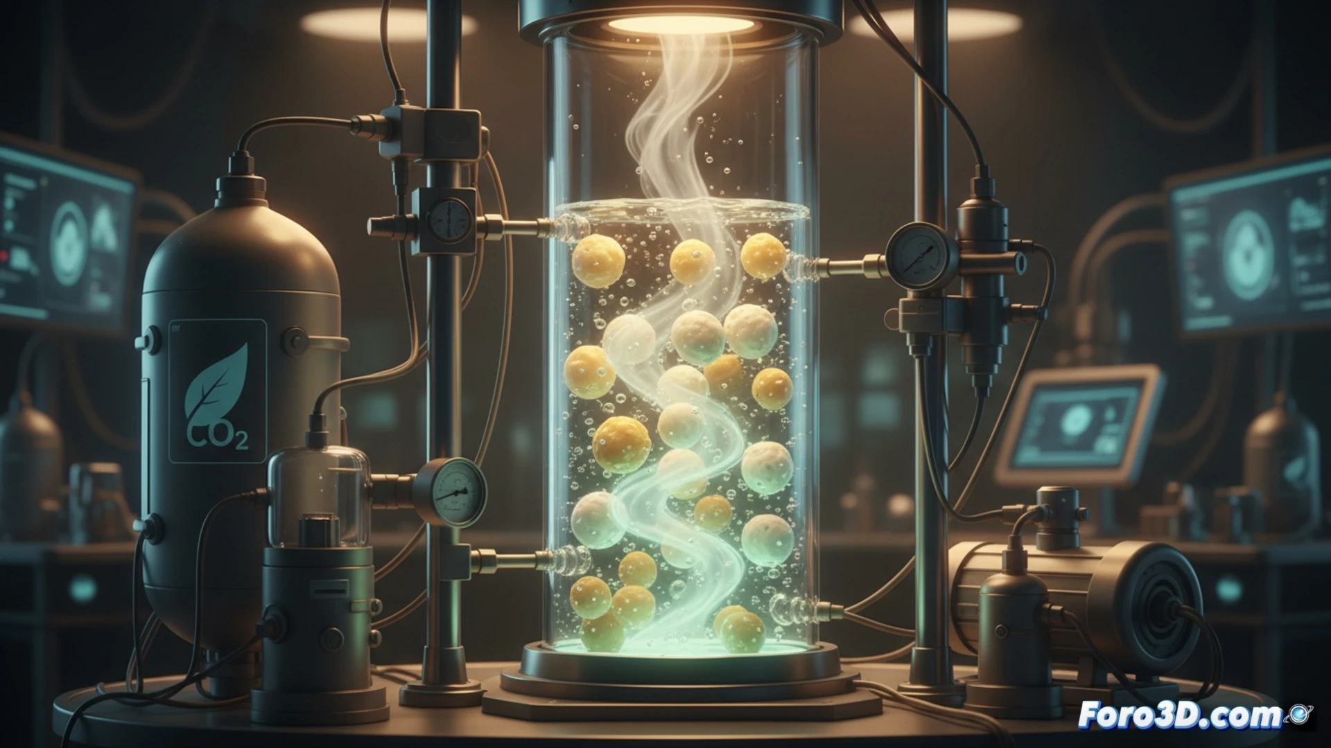 food waste protein spheres capturing CO2 molecules from ambient air, porous beige balls made from cheese and tofu residues packed in a transparent bioreactor column, gas flow entering from bottom, blue carbon dioxide particles being trapped on sphere surfaces, glowing absorption process, technical engineering visualization, laboratory setting with stainless steel equipment, pressure gauges and flow meters visible, soft industrial lighting, photorealistic material textures, macro close-up showing porous structure, clean scientific atmosphere, detailed mechanical components