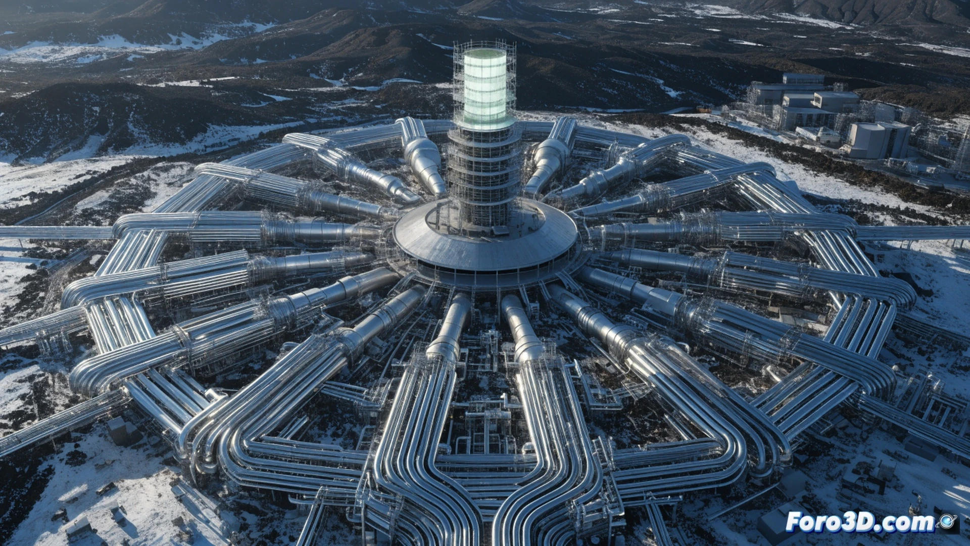 industrial DAC plant facility at sunrise, Mammoth-style giant fans drawing air into massive filter structures, CO2 absorption process visualized with glowing blue particle streams entering circular collector units, heat exchangers releasing steam while conveyor systems move captured carbon blocks, engineers in protective gear monitoring control panels showing real-time capture rates, towering metallic silos connected by pipelines, energy-intensive compressors operating in foreground, dramatic scale comparison between human workers and industrial machinery, cinematic photorealistic engineering visualization, volumetric lighting through steam clouds, ultra-detailed mechanical components, slight atmospheric haze, deep shadows contrasting with bright metallic surfaces