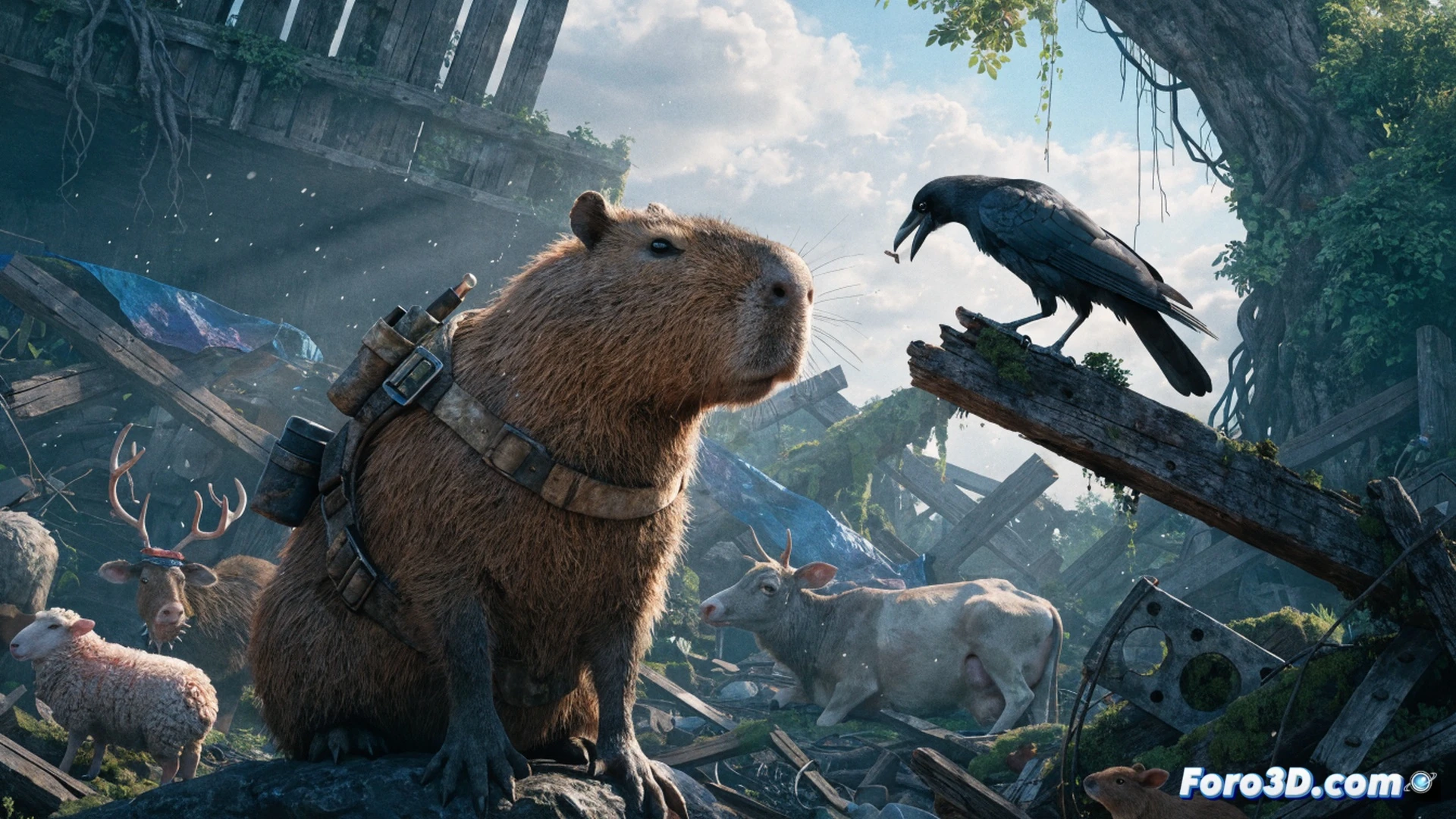 flooded meadow at golden hour, capybara carrying wooden planks on its back while a crow uses a small hammer to fix a broken birdhouse on a tree branch, wet wool sheep standing on dry ground, reindeer with punk-style mohawk holding a coil of rope, pregnant cow resting near a pile of bricks, scattered puddles reflecting soft sunlight, warm cozy atmosphere, cinematic adventure game art style, detailed fur and feather textures, gentle water ripples, rustic wooden tools visible, photorealistic technical illustration