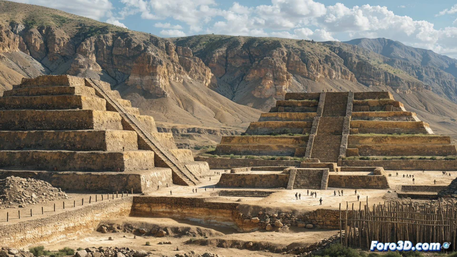 ancient Peruvian valley landscape at dawn, Caral pyramids and circular plazas under golden sunlight, workers carrying river stones to build monumental structures without siege weapons or defensive walls, archaeologists excavating tools made from natural fibers and reeds, no military artifacts or fortifications visible, peaceful construction process demonstrating collective labor, cinematic aerial view showing terraced pyramids rising from desert floor, Supe river winding through green valley, photorealistic historical visualization, warm earthy tones, dramatic low-angle sunlight casting long shadows, ultra-detailed stone textures, no text or numbers