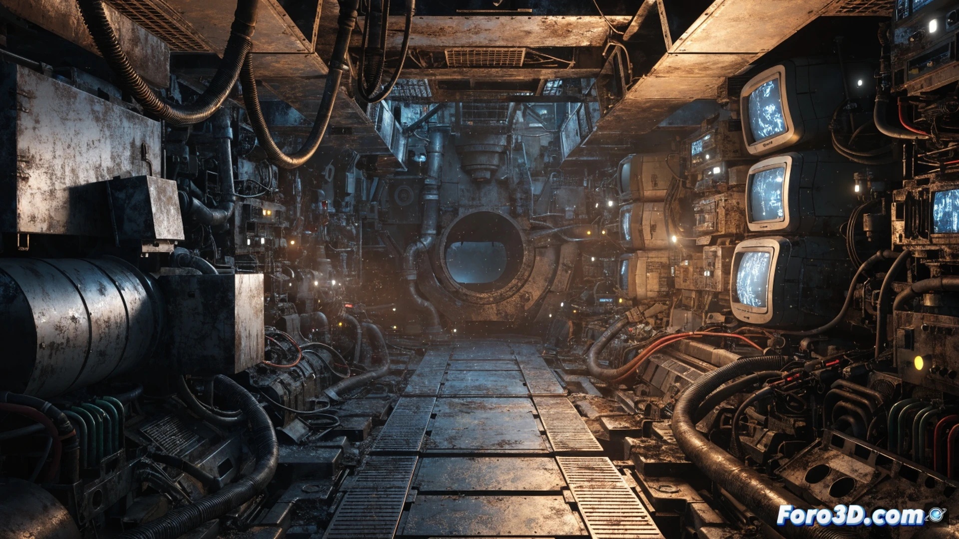 Interior claustrofóbico de un tanque masivo en Unreal Engine 5, panel de control con monitores CRT parpadeando en verde ácido, chatarra oxidada y cables expuestos fusionados con tecnología retro-futurista, un soldador eléctrico activo mostrando chispas mientras un técnico ajusta una válvula de presión, humo metálico y polvo suspendido en la luz tenue, cinematic photorealistic render, iluminación dramática con destellos anaranjados, texturas desgastadas y reflectantes, ultra-detailed mechanical components, atmósfera densa y opresiva
